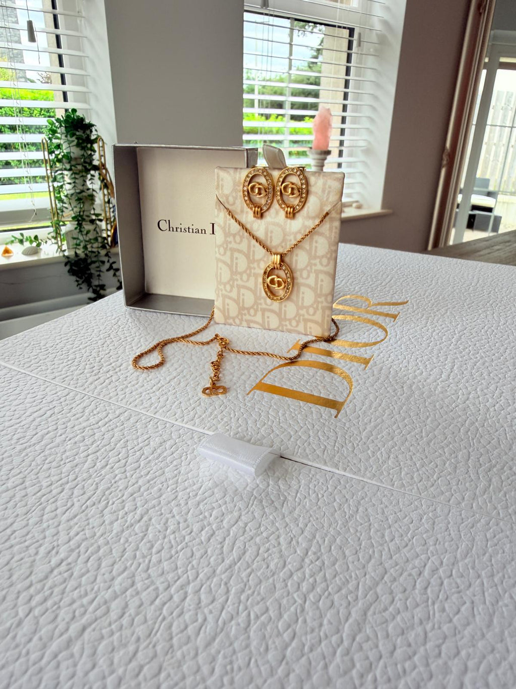 Christian Dior CD Logo Gold Plated with Rhinestones Earrings & Necklace Set