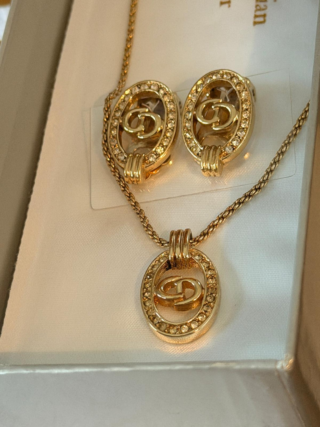 Christian Dior CD Logo Gold Plated with Rhinestones Earrings & Necklace Set