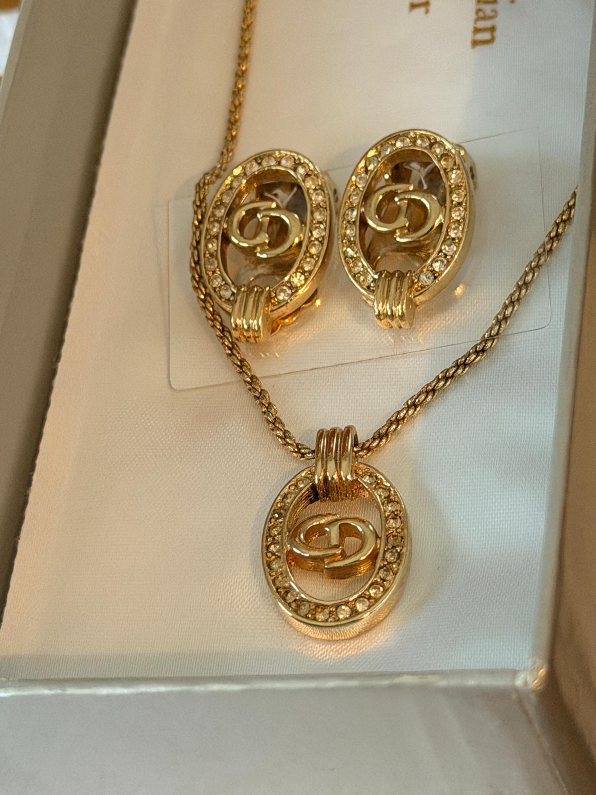 Christian Dior CD Logo Gold Plated with Rhinestones Earrings & Necklace Set