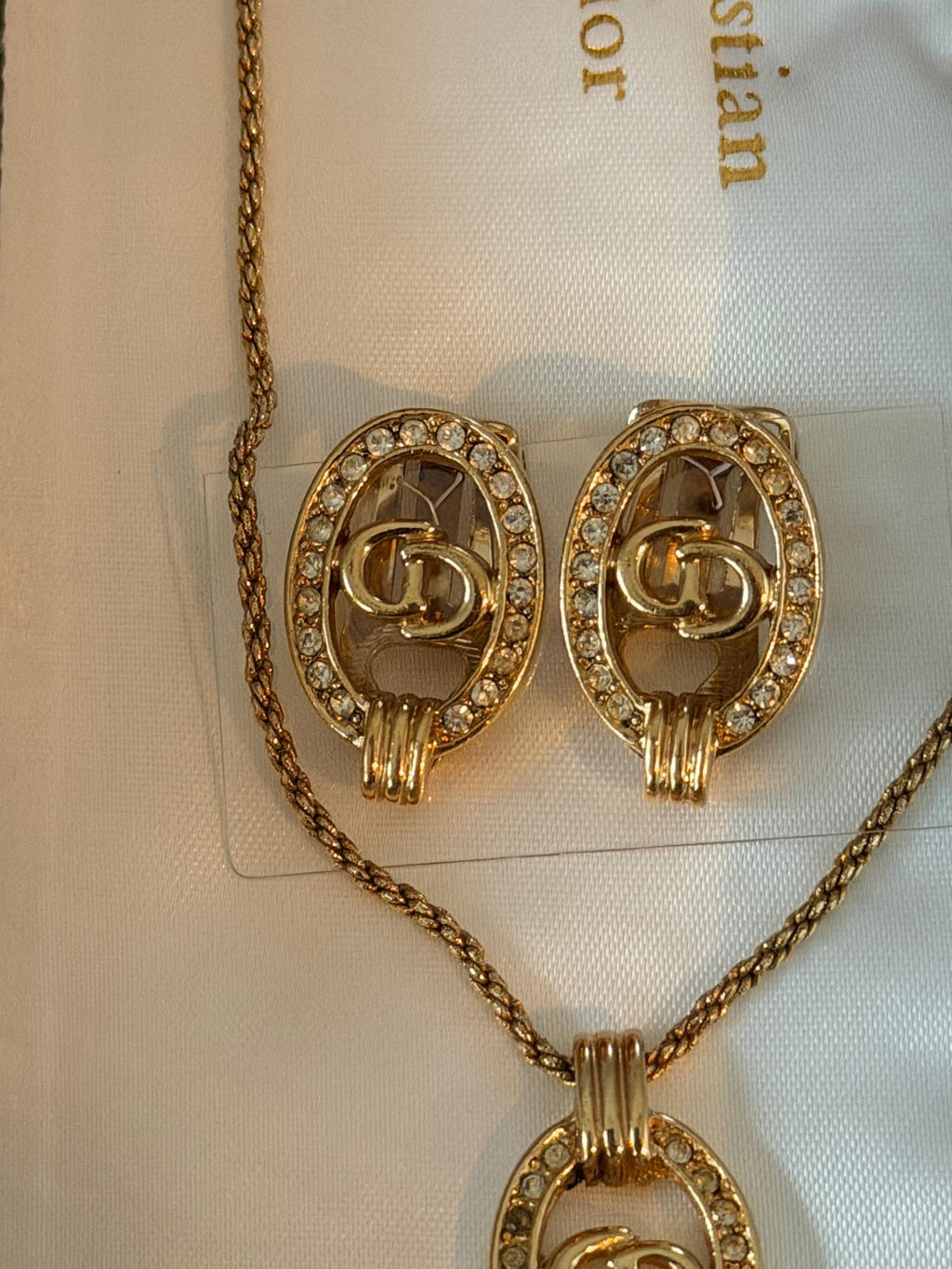 Christian Dior CD Logo Gold Plated with Rhinestones Earrings & Necklace Set