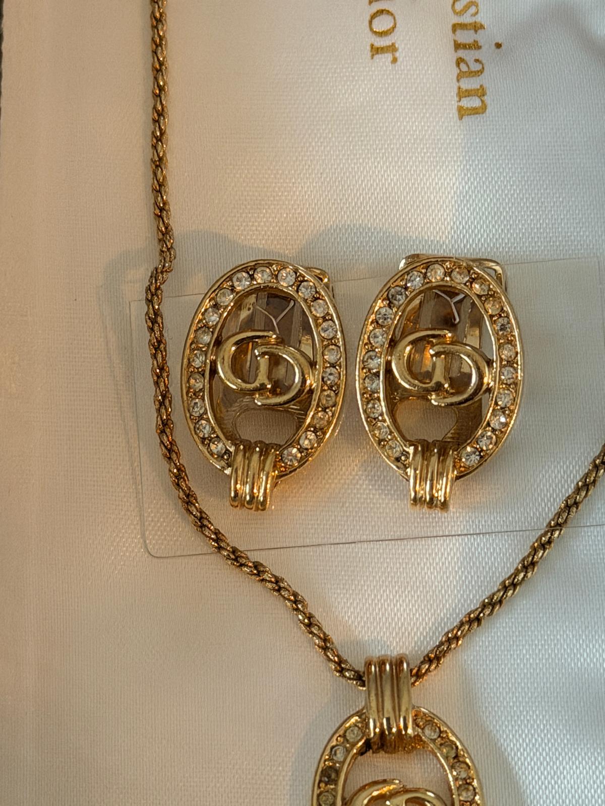 Christian Dior CD Logo Gold Plated with Rhinestones Earrings & Necklace Set
