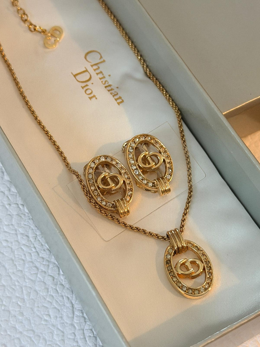 Christian Dior CD Logo Gold Plated with Rhinestones Earrings & Necklace Set