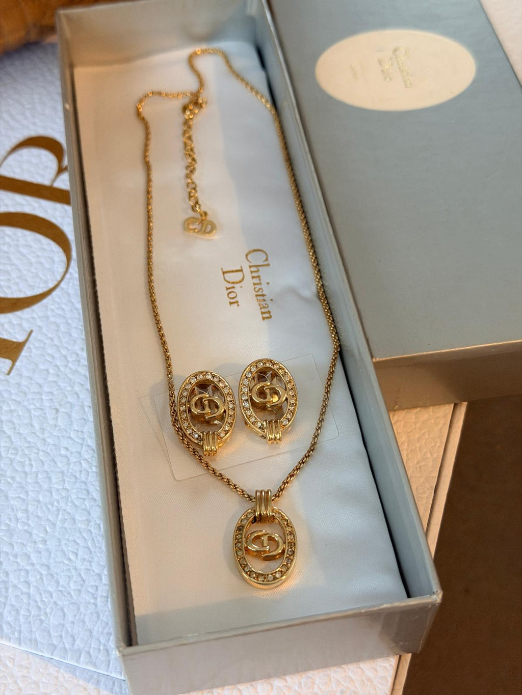 Christian Dior CD Logo Gold Plated with Rhinestones Earrings & Necklace Set