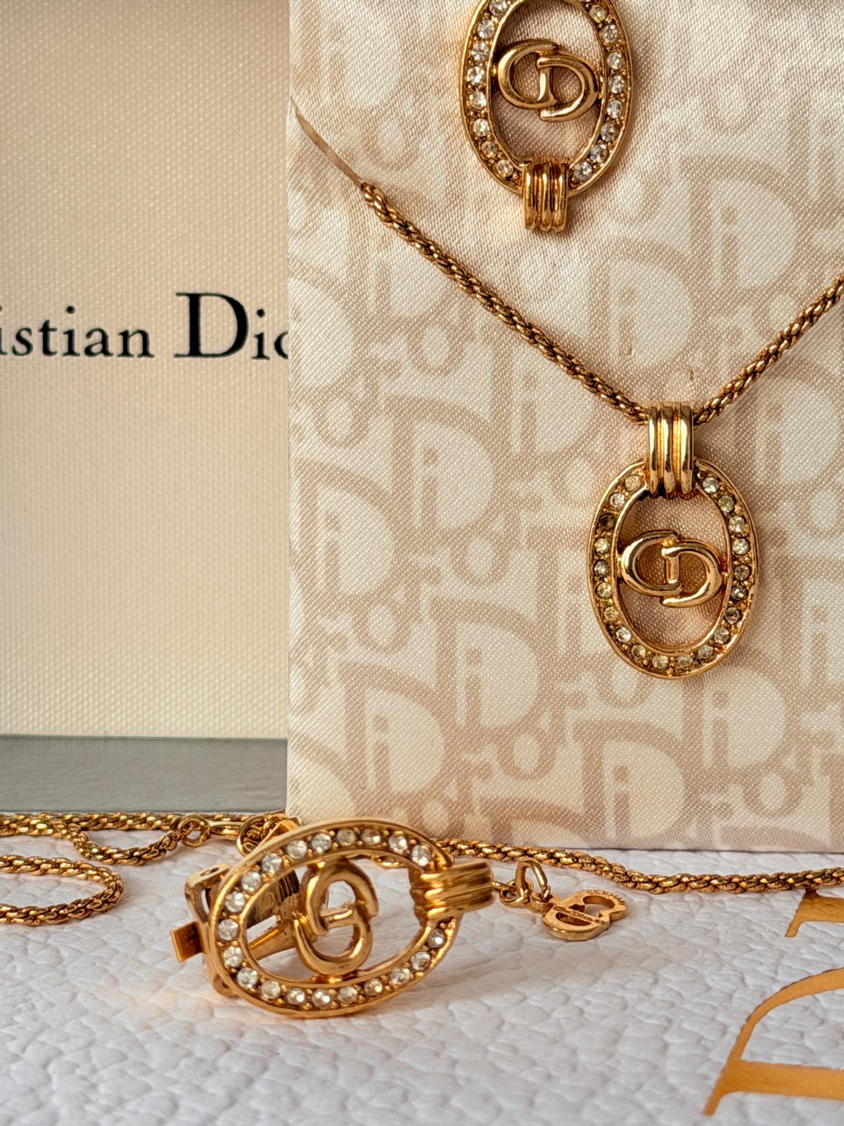Christian Dior CD Logo Gold Plated with Rhinestones Earrings & Necklace Set