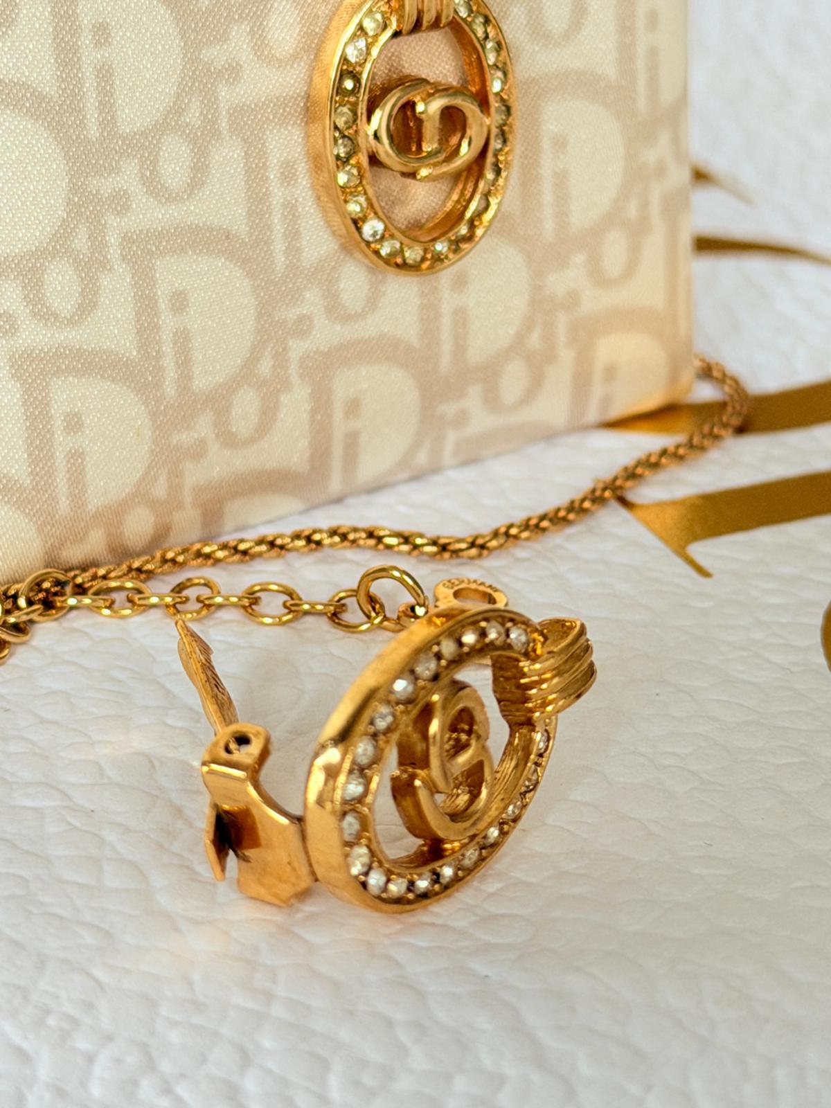 Christian Dior CD Logo Gold Plated with Rhinestones Earrings & Necklace Set