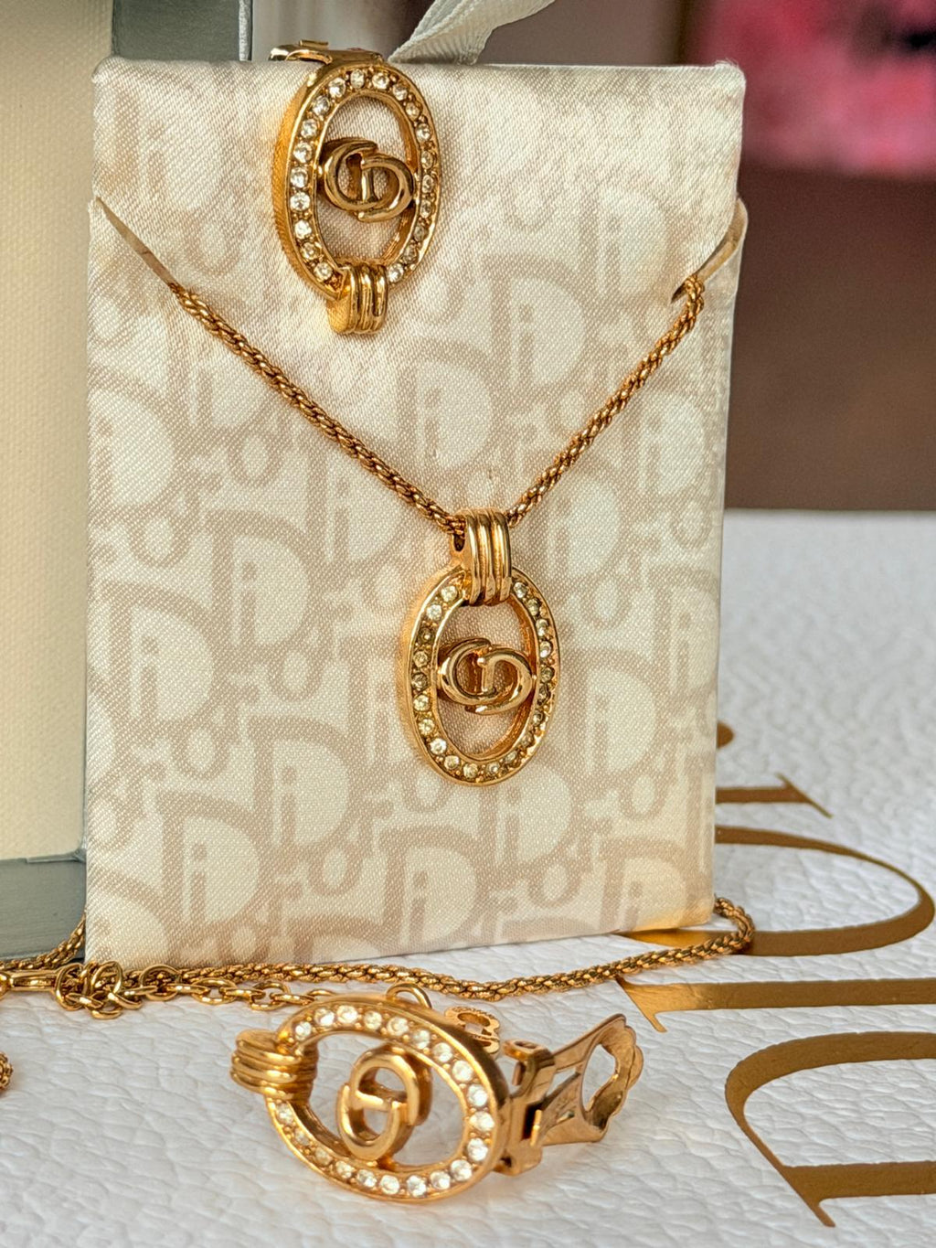 Christian Dior CD Logo Gold Plated with Rhinestones Earrings & Necklace Set
