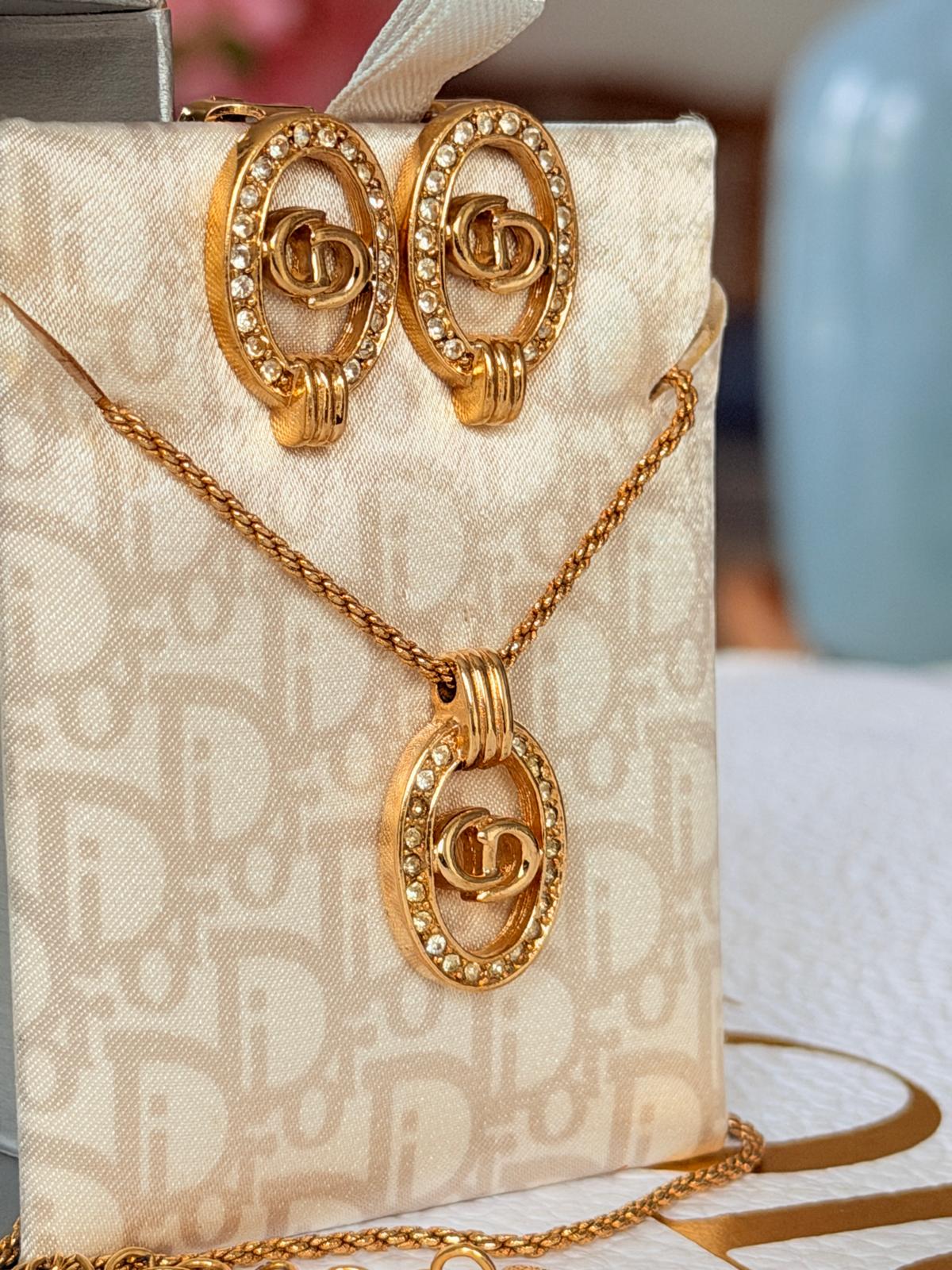 Christian Dior CD Logo Gold Plated with Rhinestones Earrings & Necklace Set