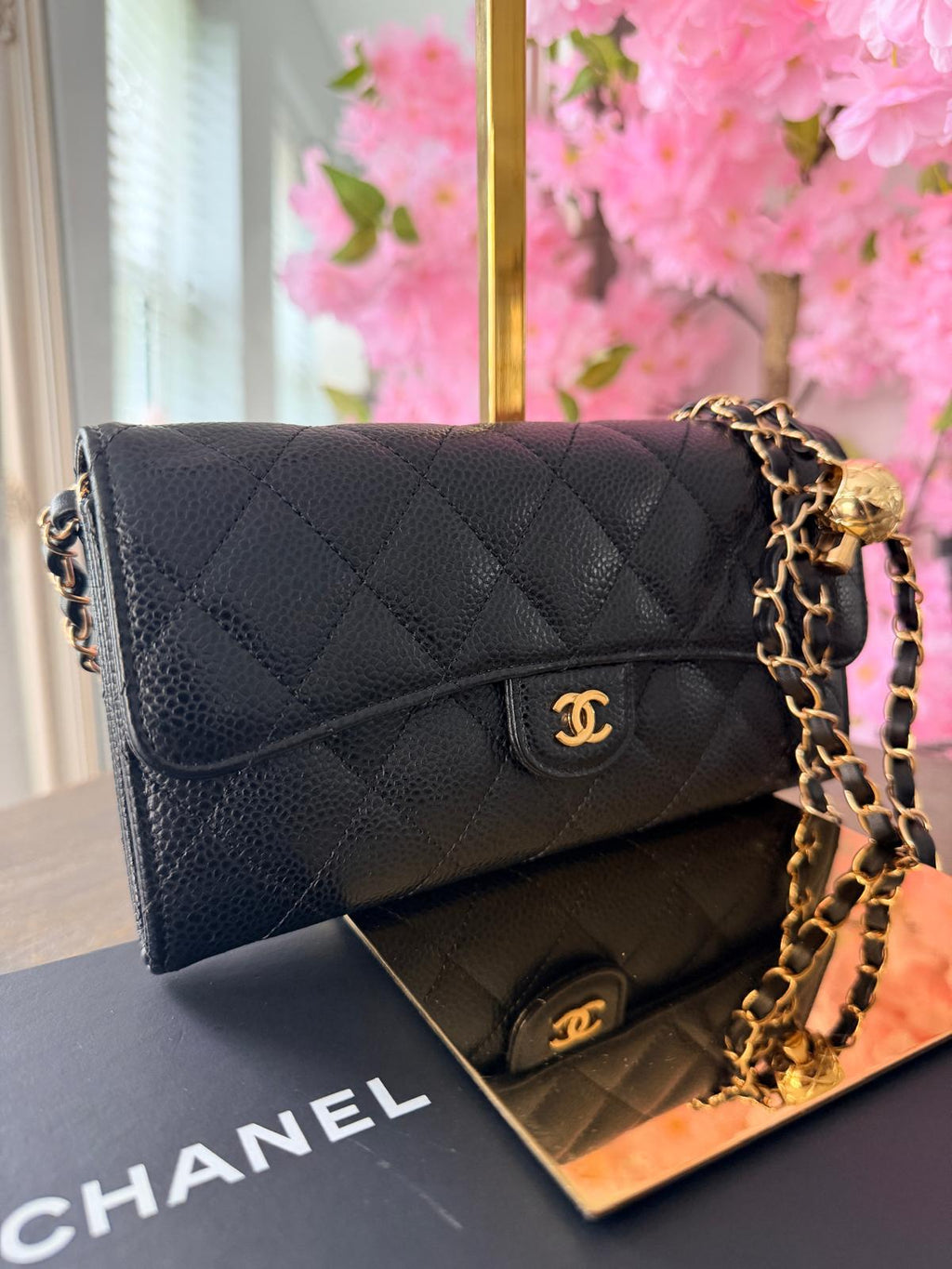 Chanel Matelasse Long Wallet Black Black Caviar Leather Gold Hardware