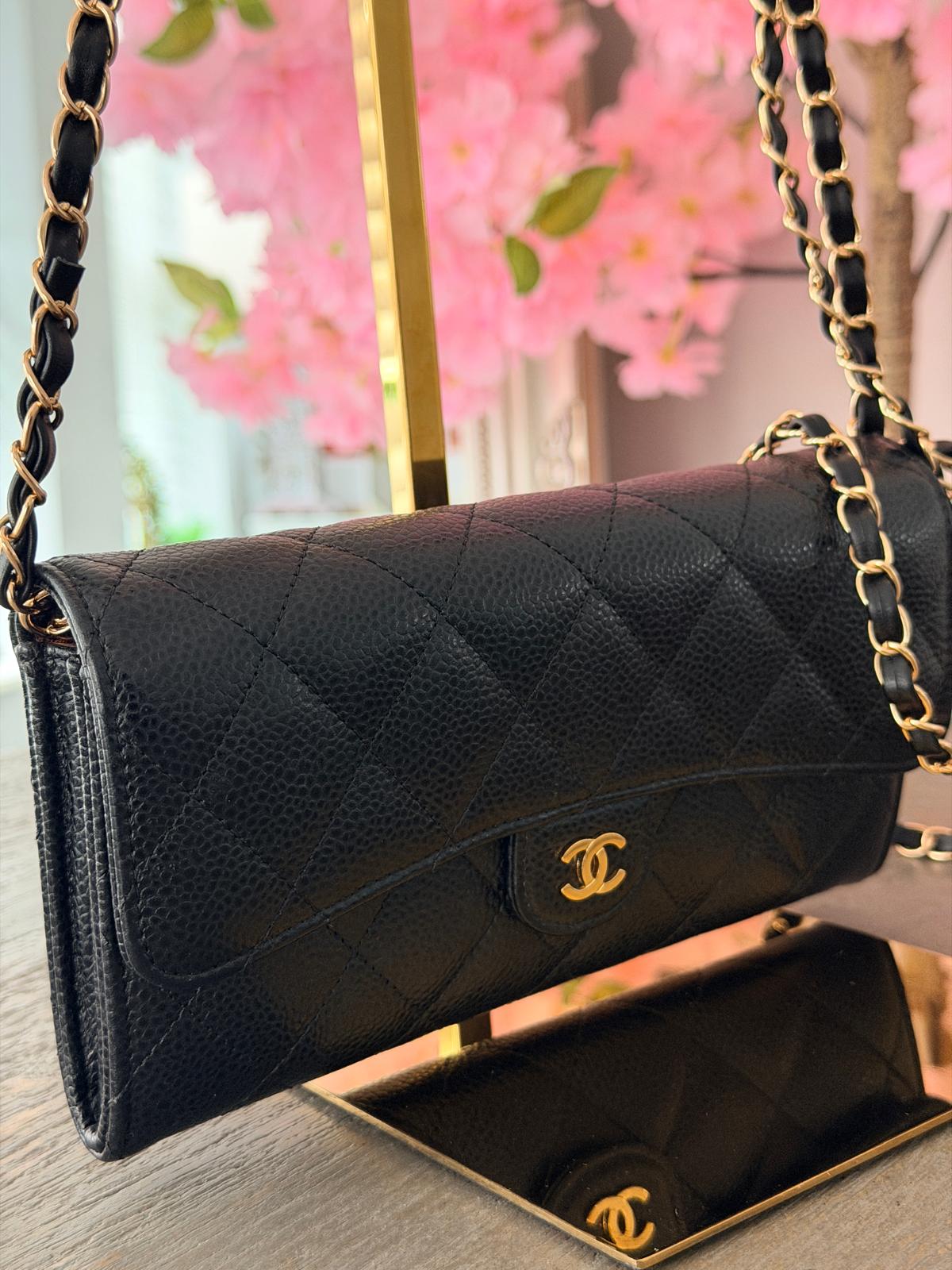 Chanel Matelasse Long Wallet Black Black Caviar Leather Gold Hardware