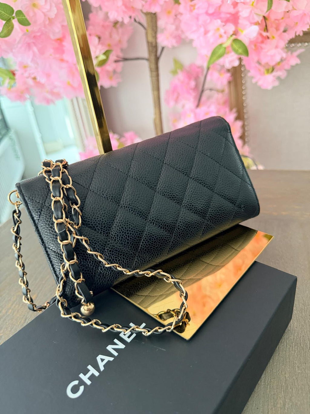 Chanel Matelasse Long Wallet Black Black Caviar Leather Gold Hardware