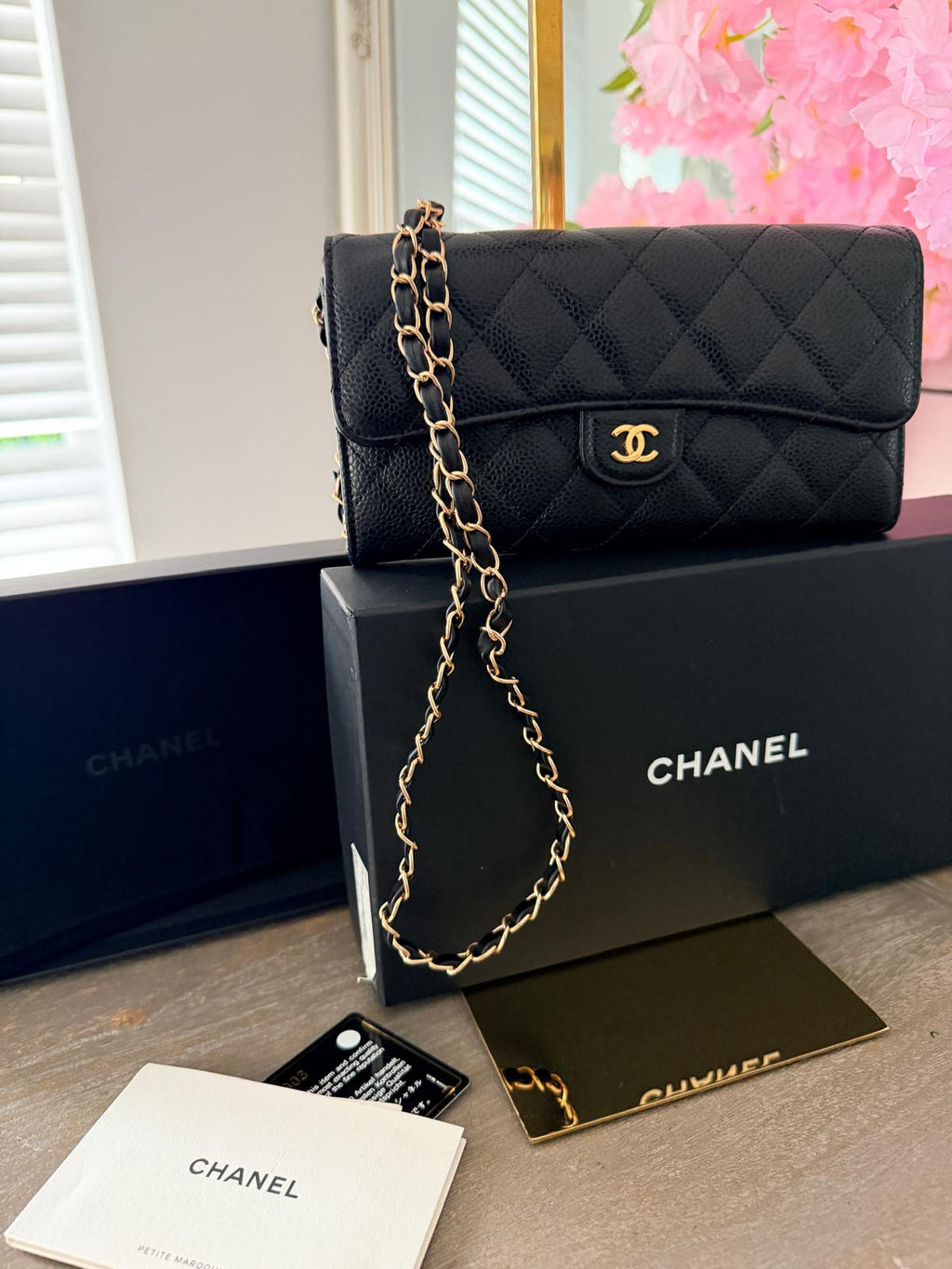 Chanel Matelasse Long Wallet Black Black Caviar Leather Gold Hardware