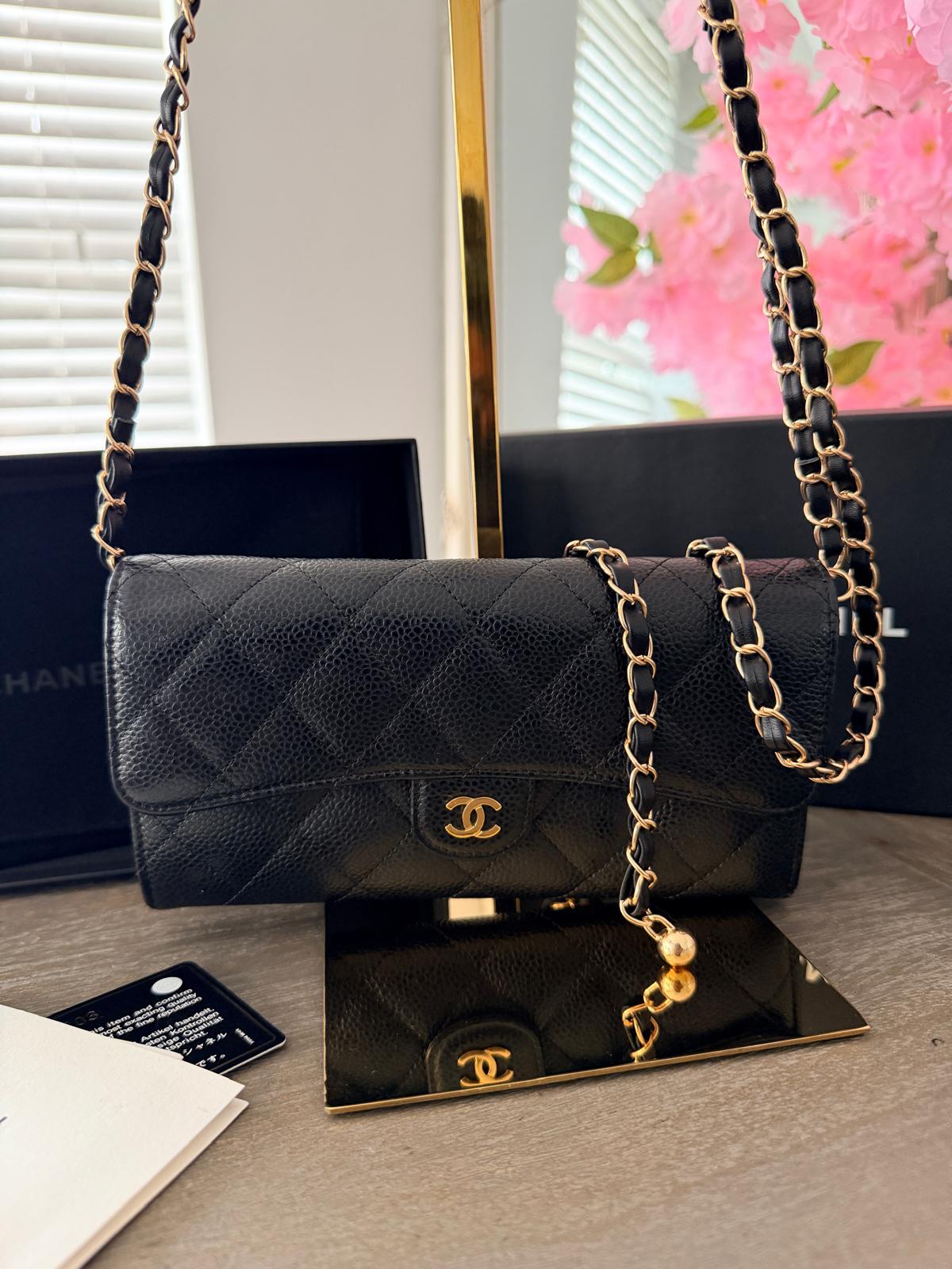 Chanel Matelasse Long Wallet Black Black Caviar Leather Gold Hardware