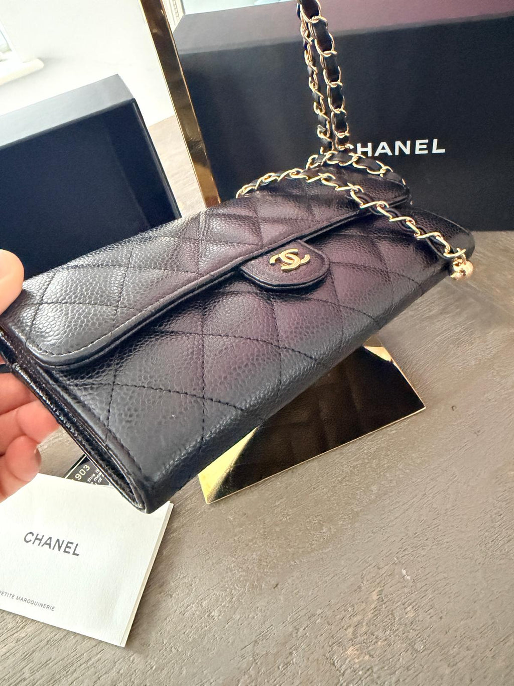 Chanel Matelasse Long Wallet Black Black Caviar Leather Gold Hardware