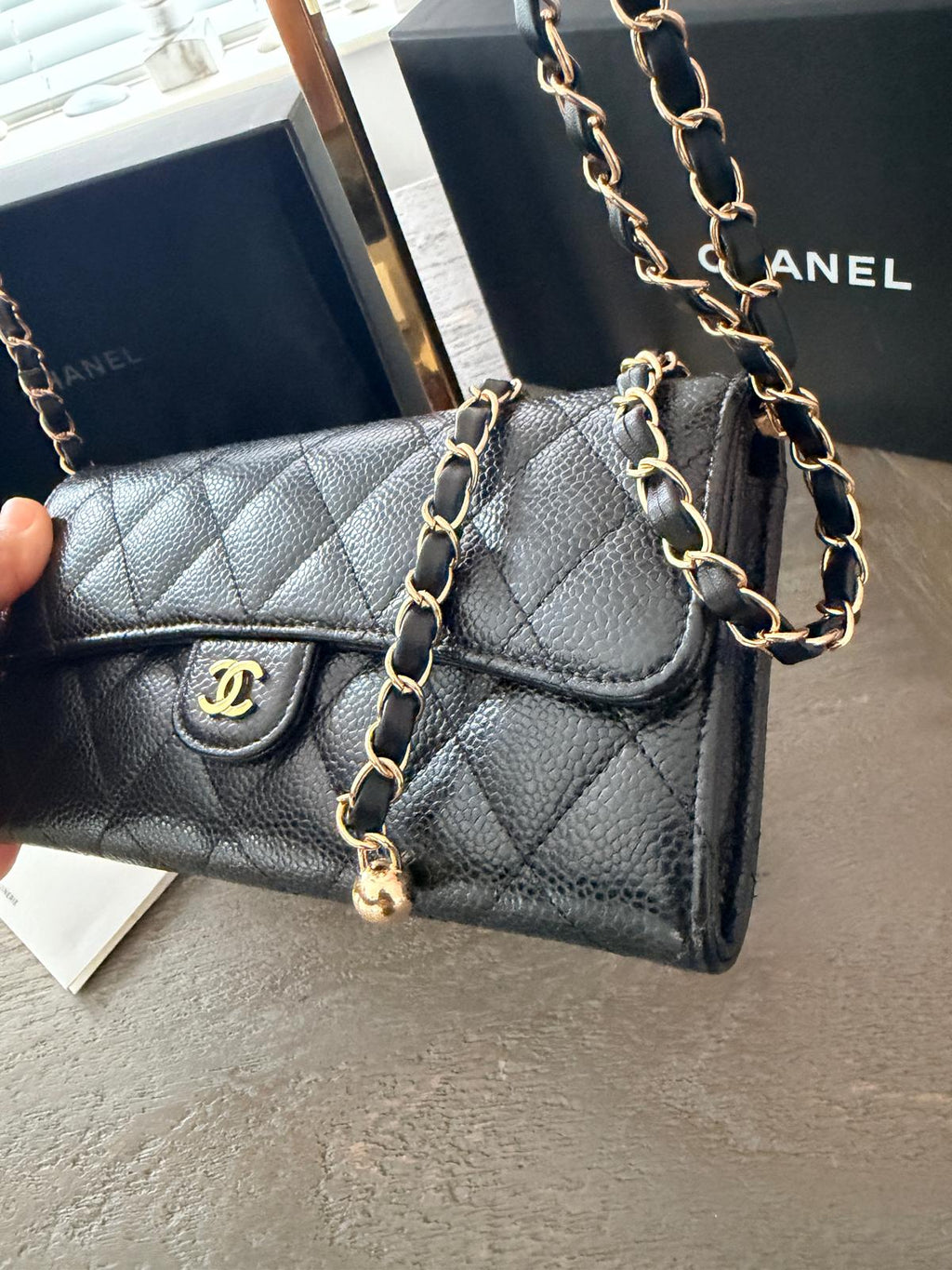 Chanel Matelasse Long Wallet Black Black Caviar Leather Gold Hardware