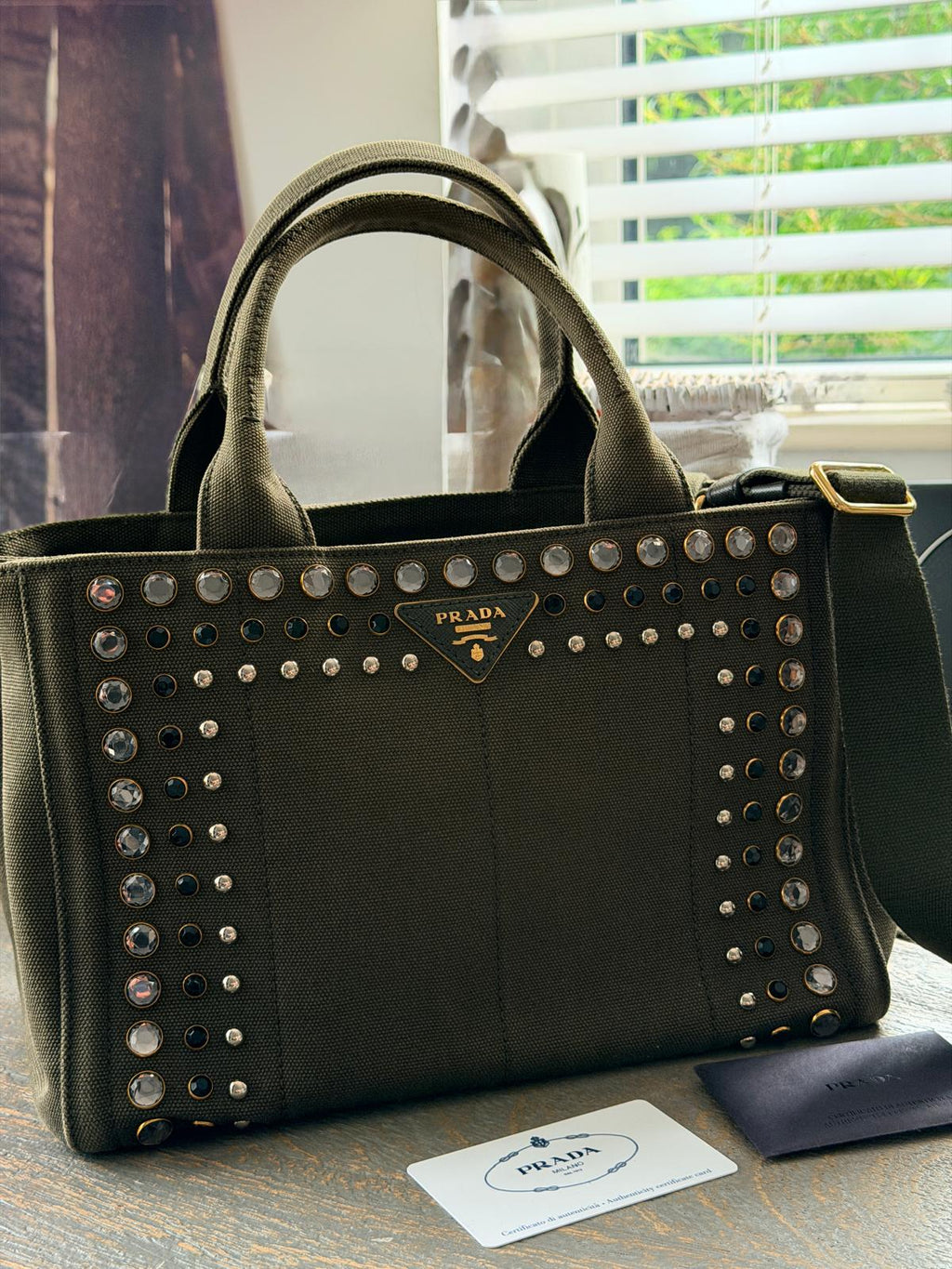 Prada Canapa Two-Way Green Denim Tote Bag with Sparkling Crystals & Rhinestones