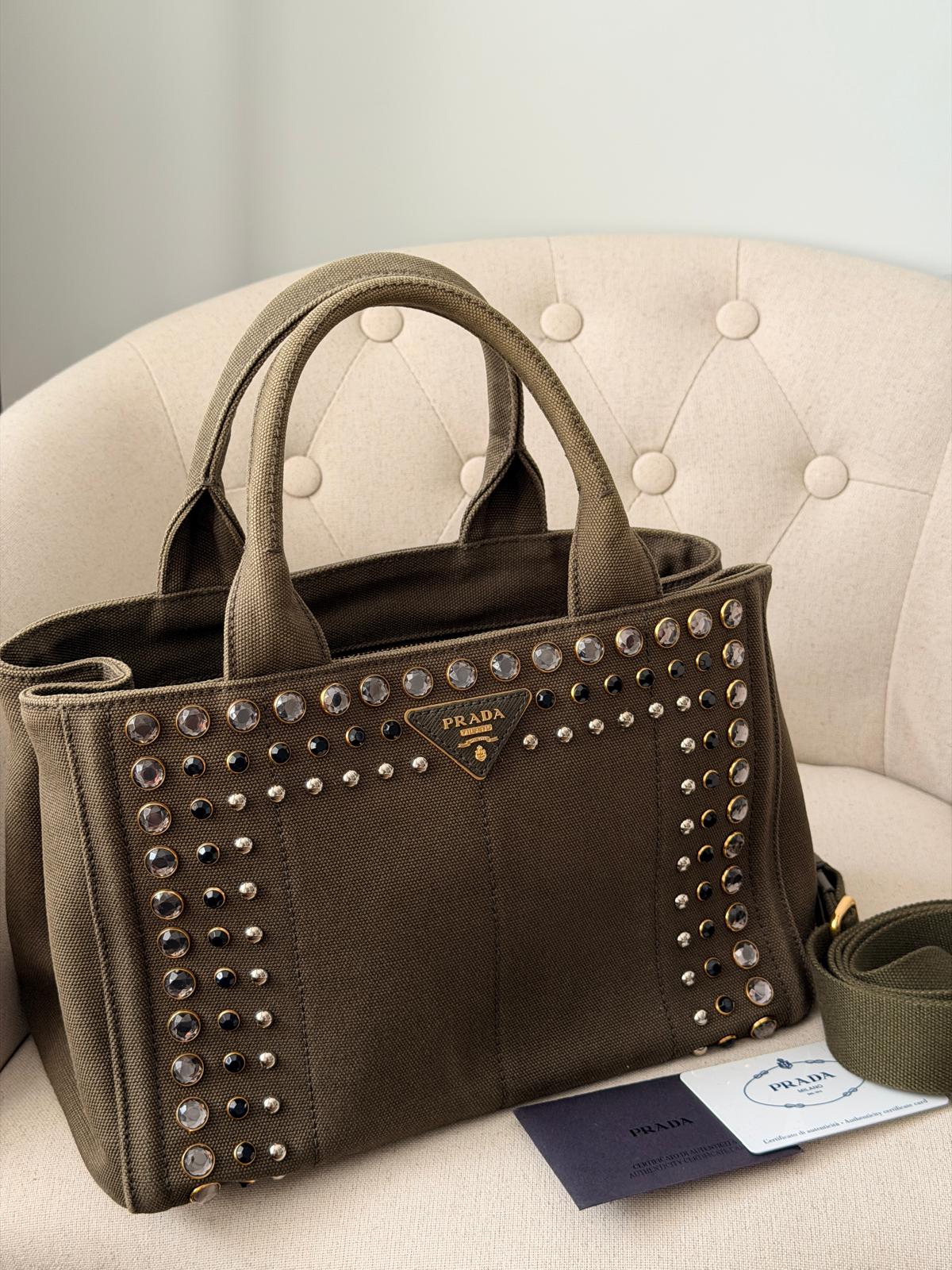 Prada Canapa Two-Way Green Denim Tote Bag with Sparkling Crystals & Rhinestones