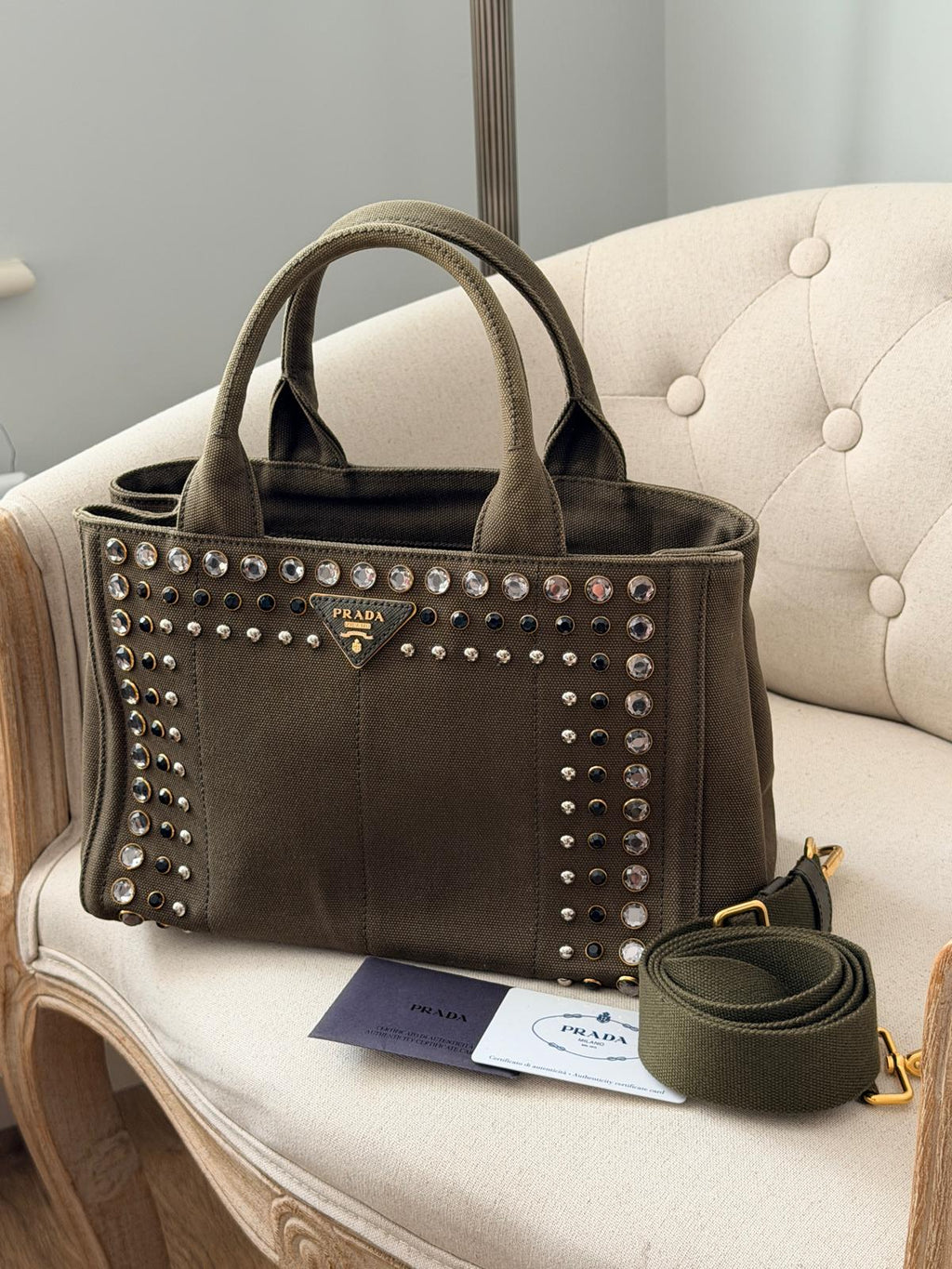Prada Canapa Two-Way Green Denim Tote Bag with Sparkling Crystals & Rhinestones