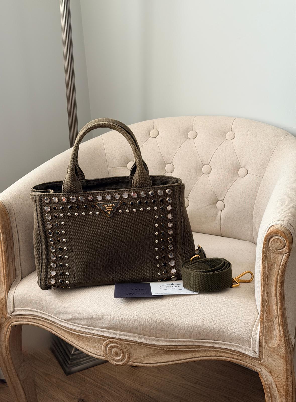 Prada Canapa Two-Way Green Denim Tote Bag with Sparkling Crystals & Rhinestones