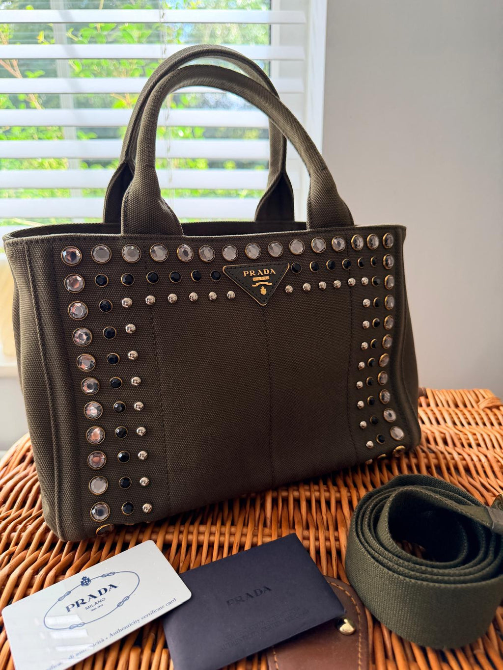 Prada Canapa Two-Way Green Denim Tote Bag with Sparkling Crystals & Rhinestones