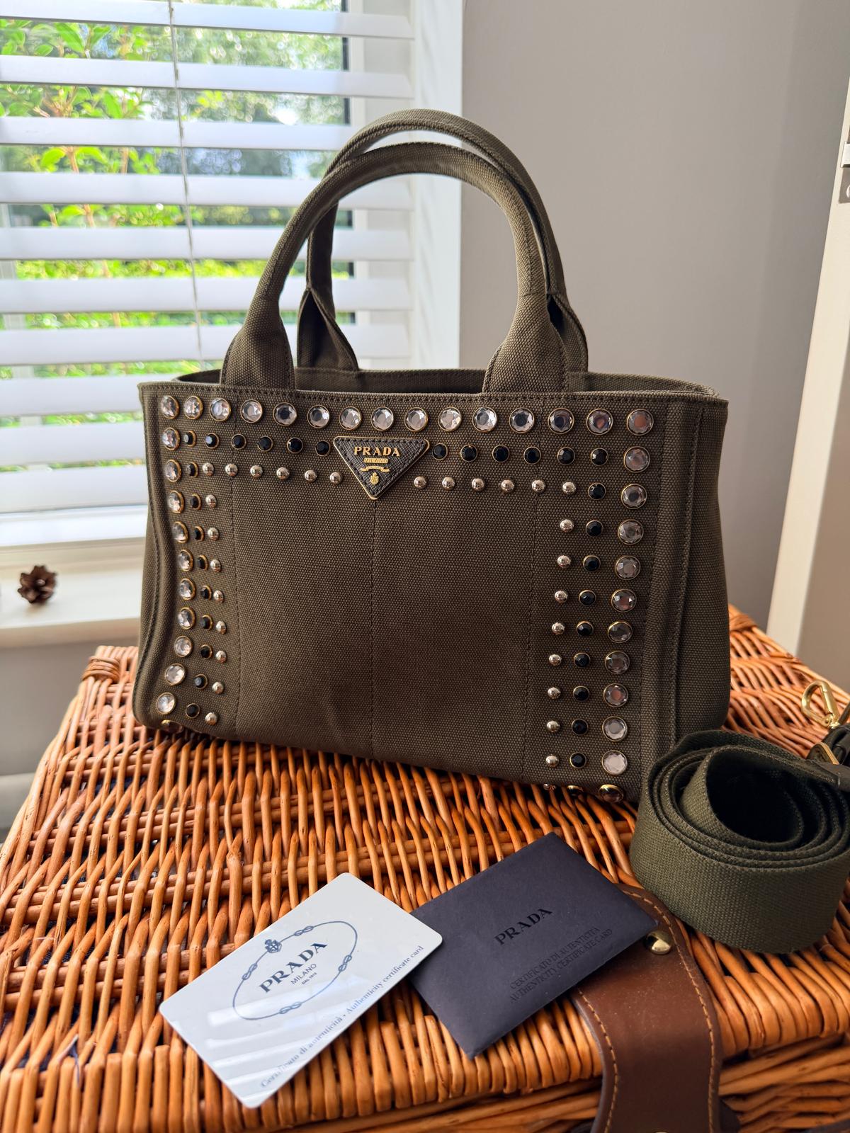 Prada Canapa Two-Way Green Denim Tote Bag with Sparkling Crystals & Rhinestones