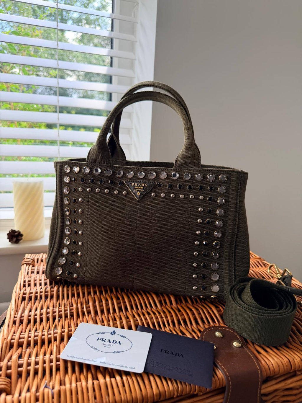 Prada Canapa Two-Way Green Denim Tote Bag with Sparkling Crystals & Rhinestones