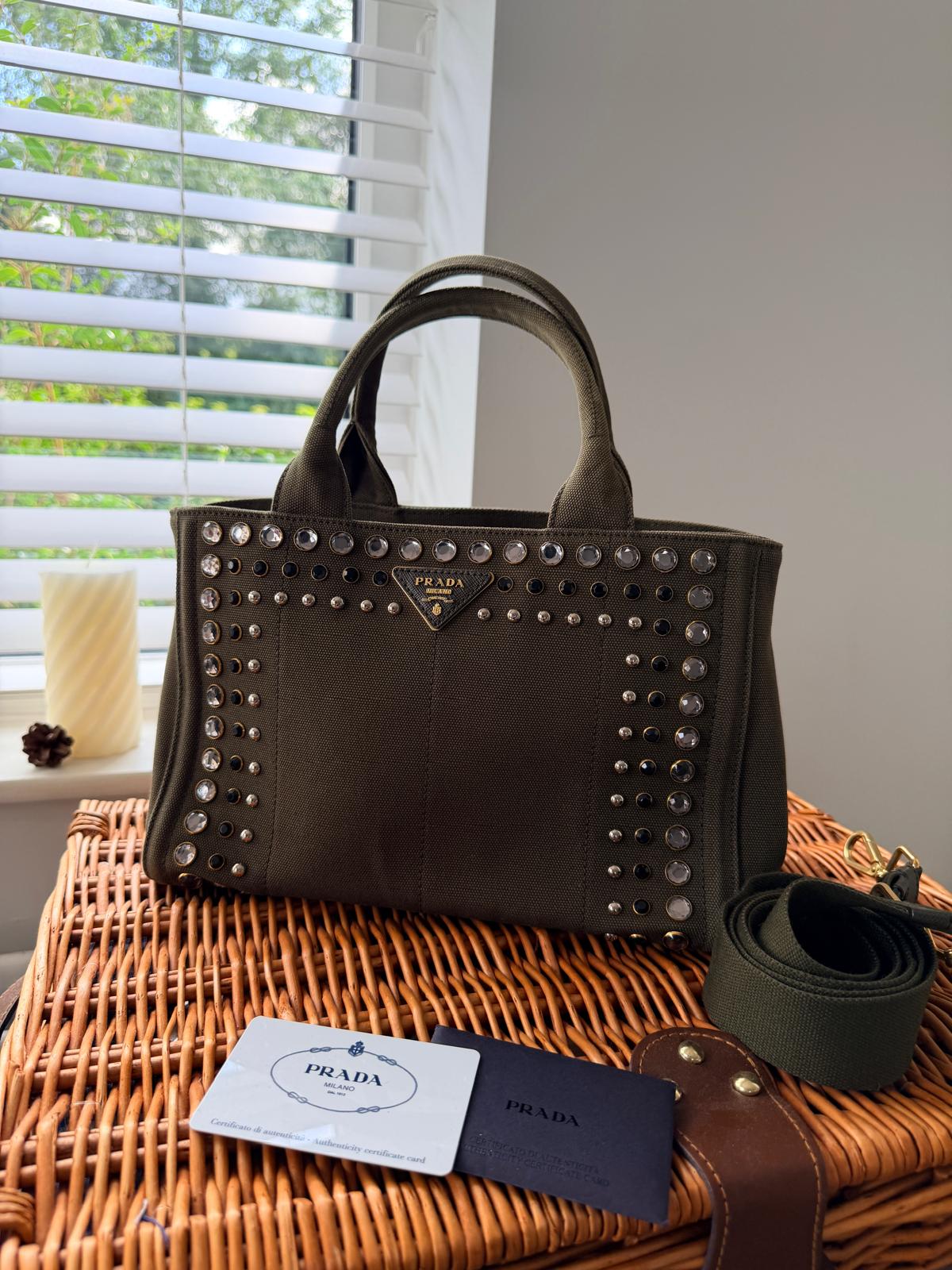 Prada Canapa Two-Way Green Denim Tote Bag with Sparkling Crystals & Rhinestones