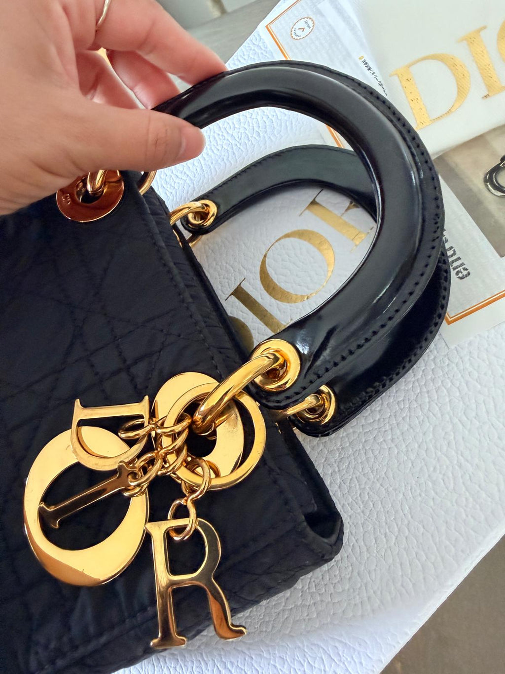 Christian Dior Lady Dior Mini Handbag Black Nylon Gold Hardware