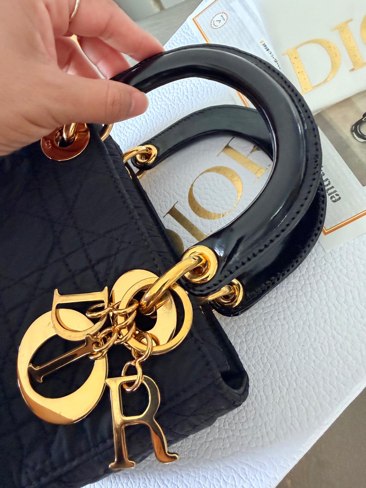 Christian Dior Lady Dior Mini Handbag Black Nylon Gold Hardware