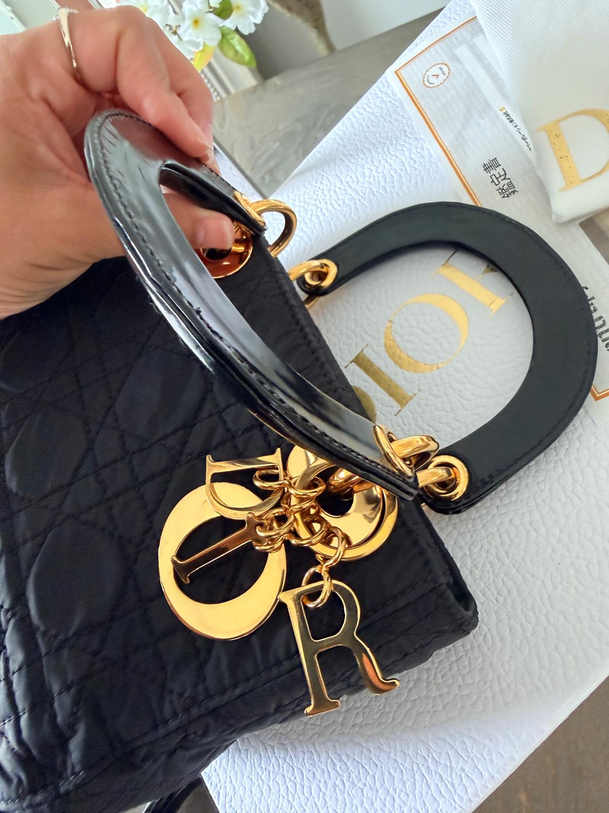 Christian Dior Lady Dior Mini Handbag Black Nylon Gold Hardware