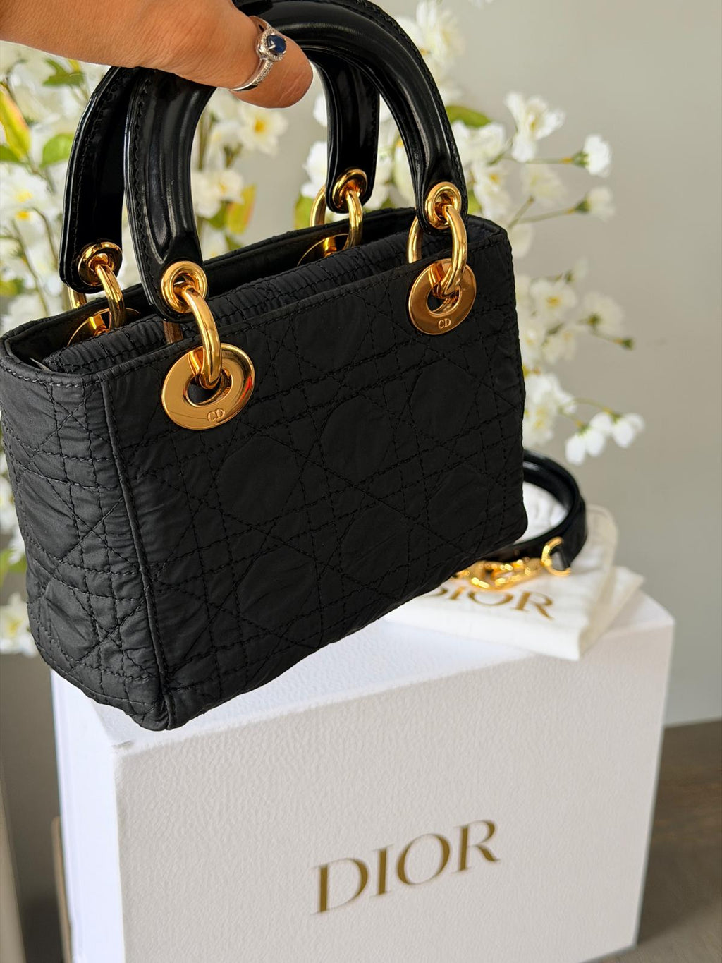Christian Dior Lady Dior Mini Handbag Black Nylon Gold Hardware