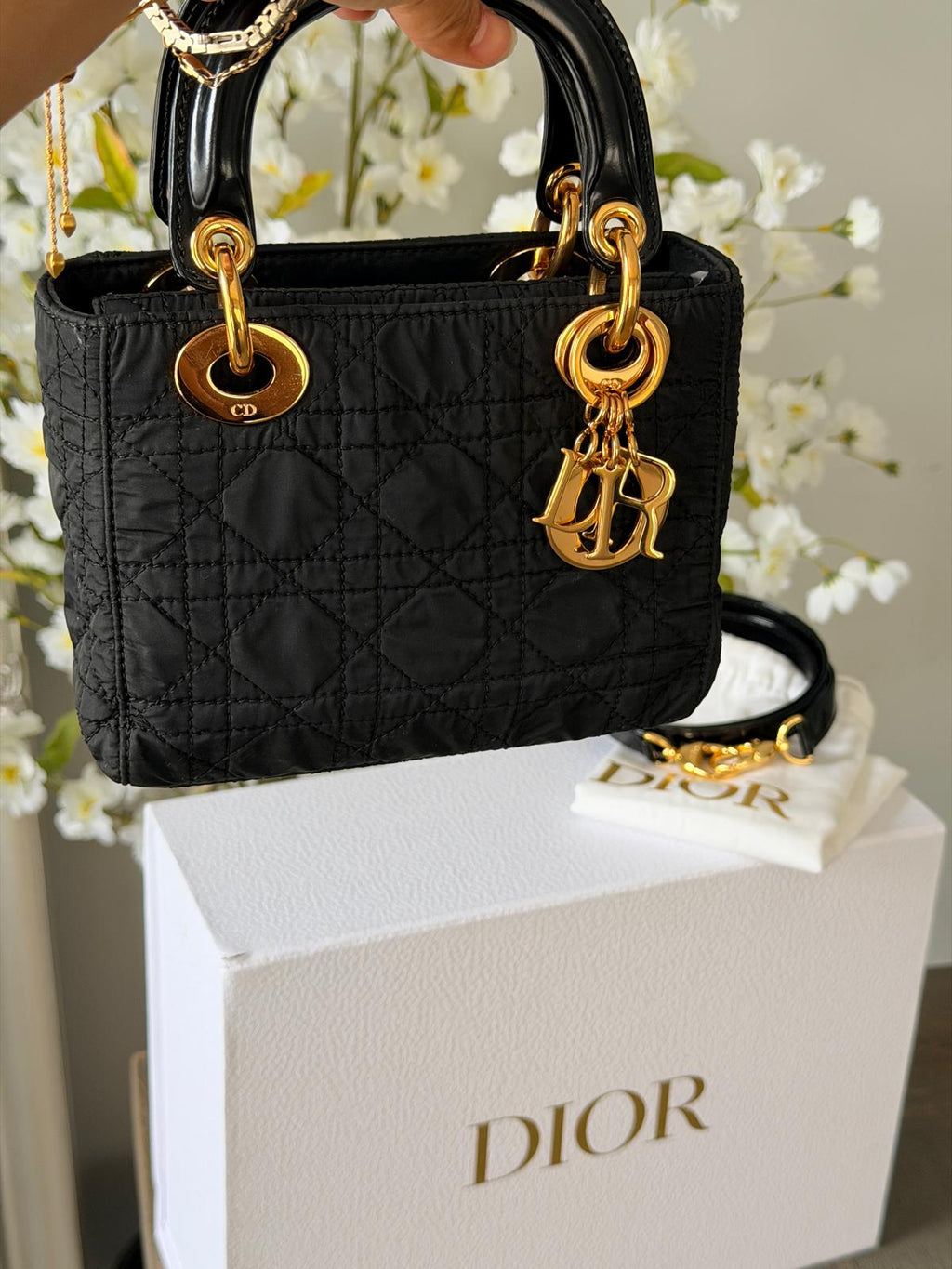 Christian Dior Lady Dior Mini Handbag Black Nylon Gold Hardware