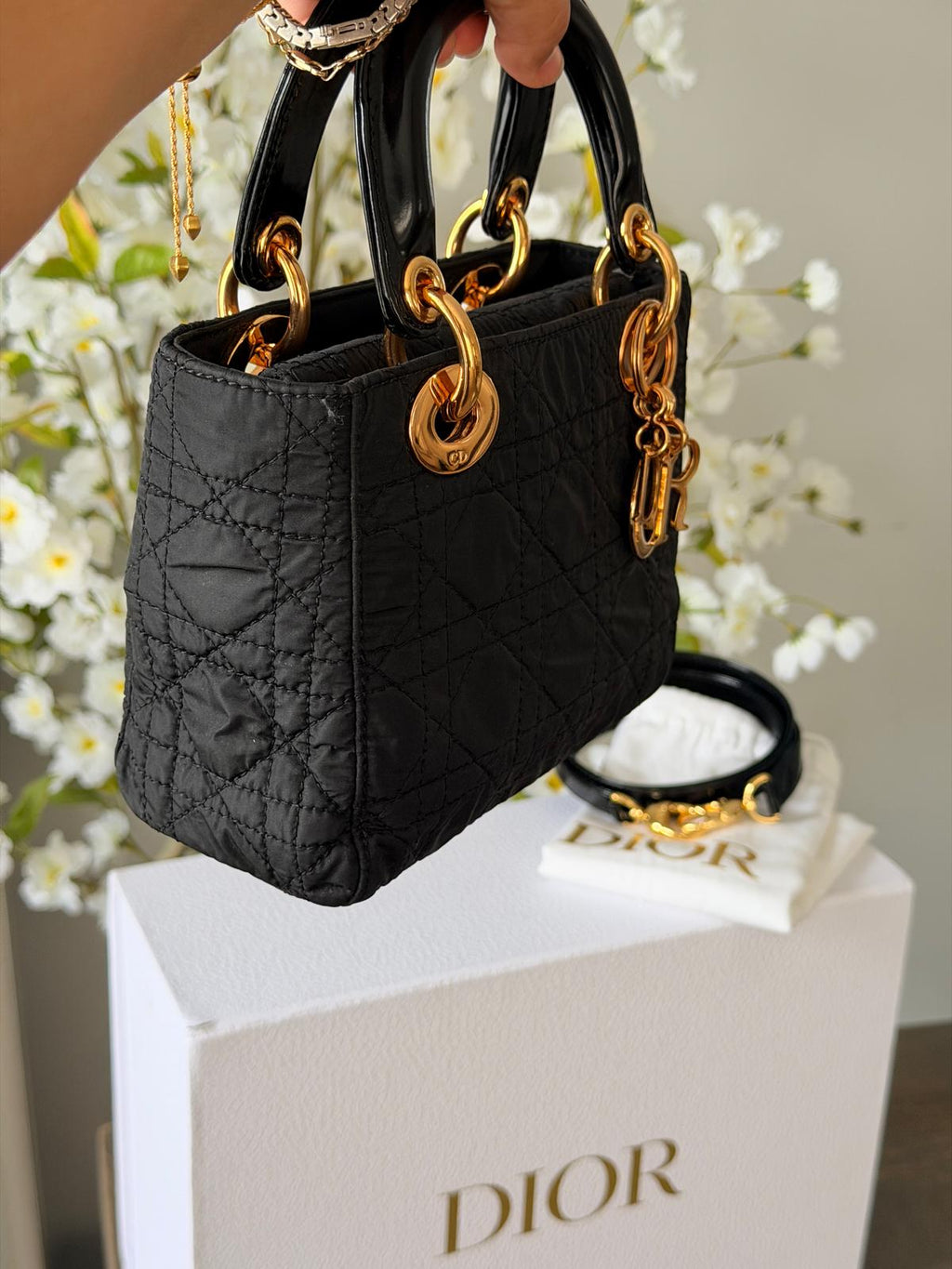 Christian Dior Lady Dior Mini Handbag Black Nylon Gold Hardware