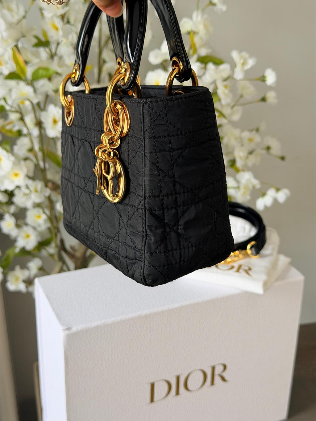 Christian Dior Lady Dior Mini Handbag Black Nylon Gold Hardware