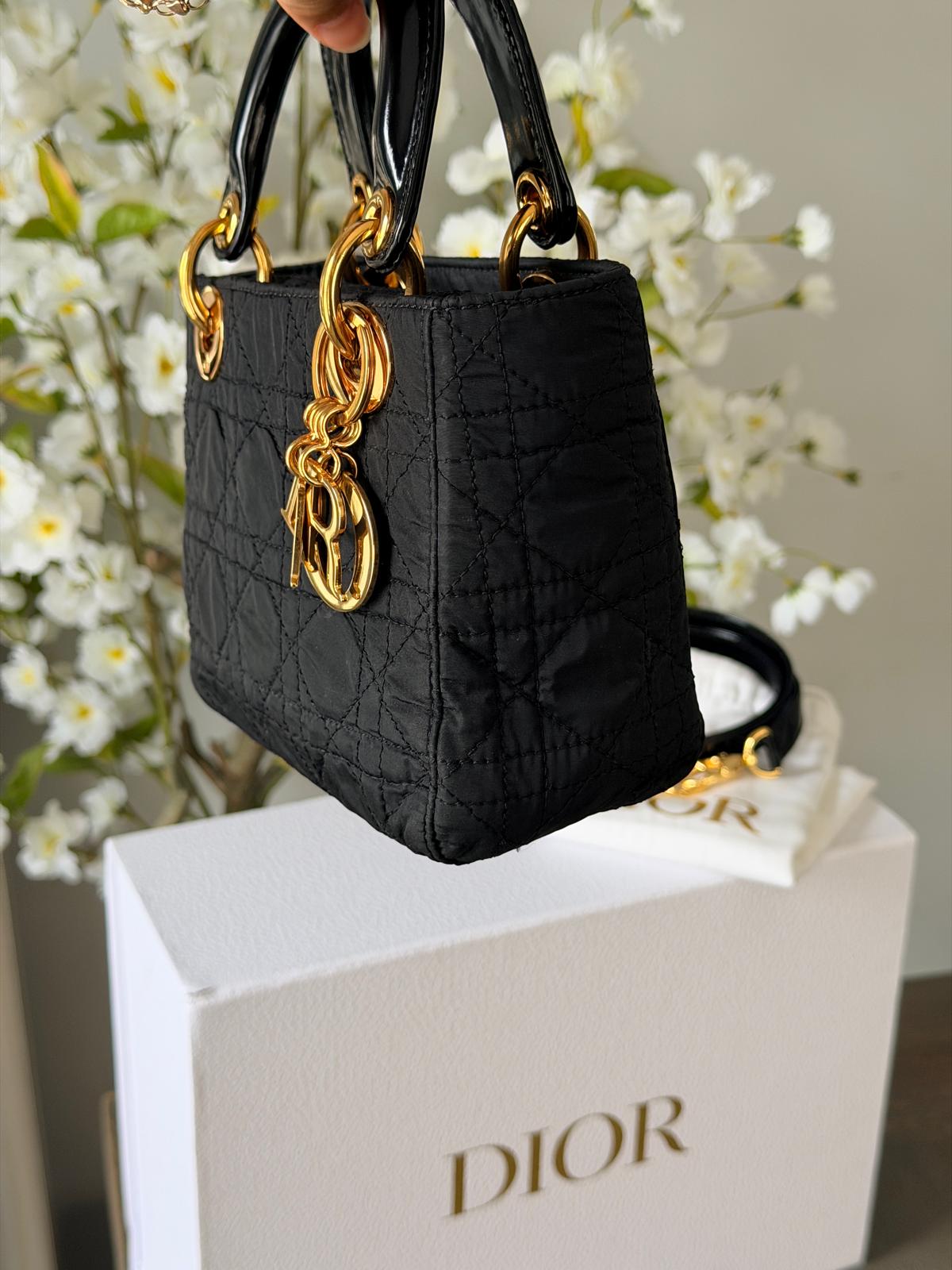 Christian Dior Lady Dior Mini Handbag Black Nylon Gold Hardware