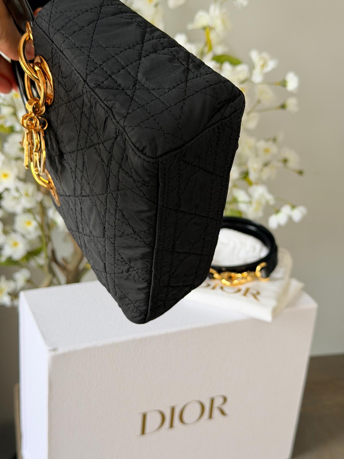 Christian Dior Lady Dior Mini Handbag Black Nylon Gold Hardware