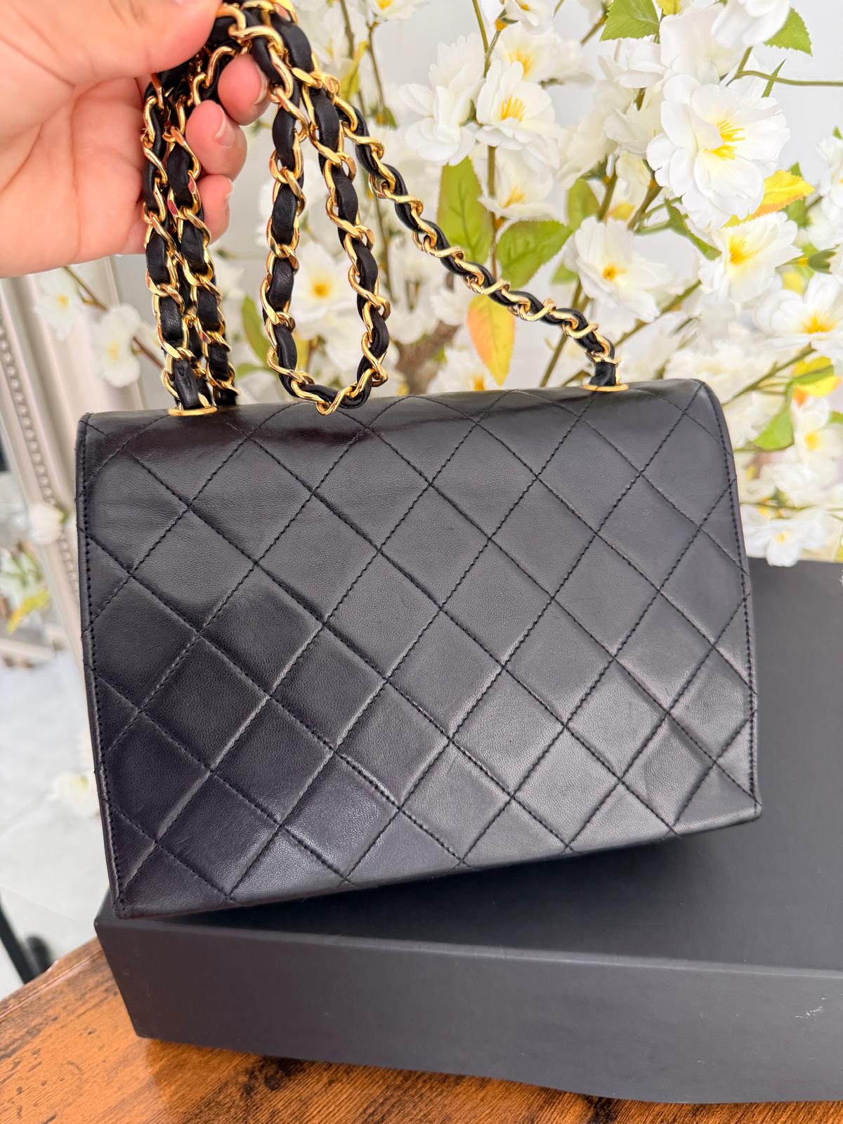Chanel Vintage Small Shoulder Bag Black Lambskin Leather Gold Hardware