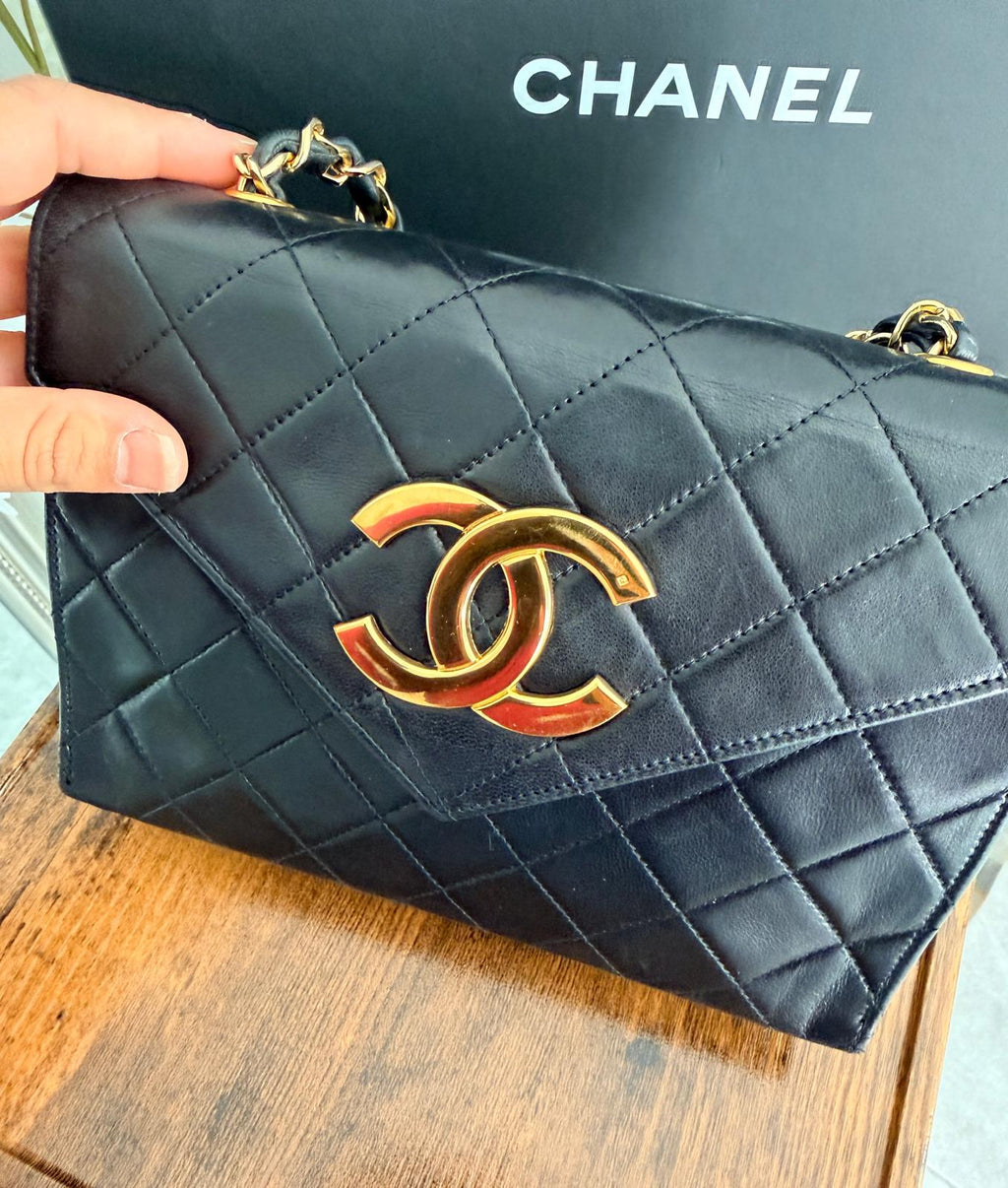 Chanel Vintage Small Shoulder Bag Black Lambskin Leather Gold Hardware