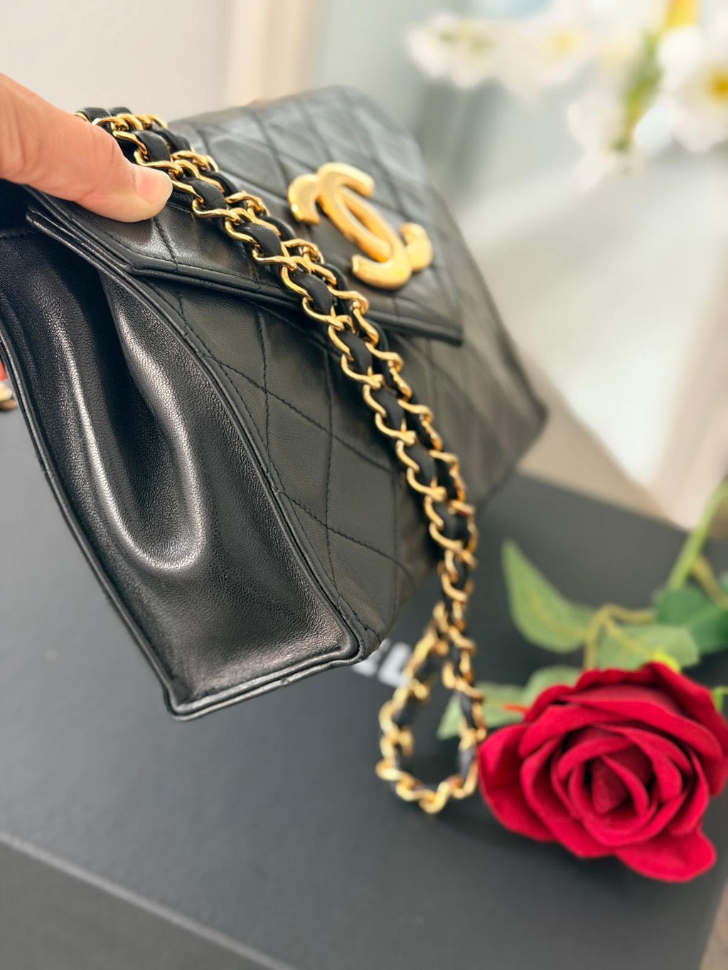 Chanel Vintage Small Shoulder Bag Black Lambskin Leather Gold Hardware