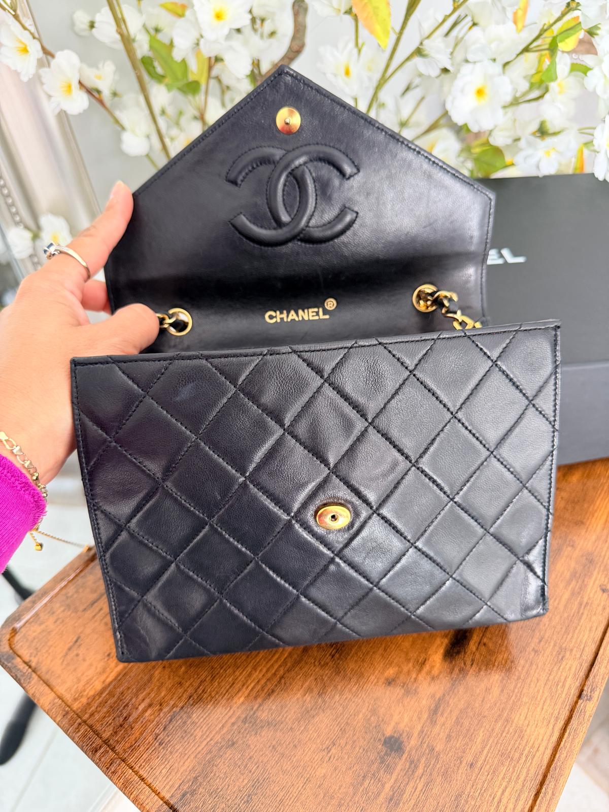 Chanel Vintage Small Shoulder Bag Black Lambskin Leather Gold Hardware