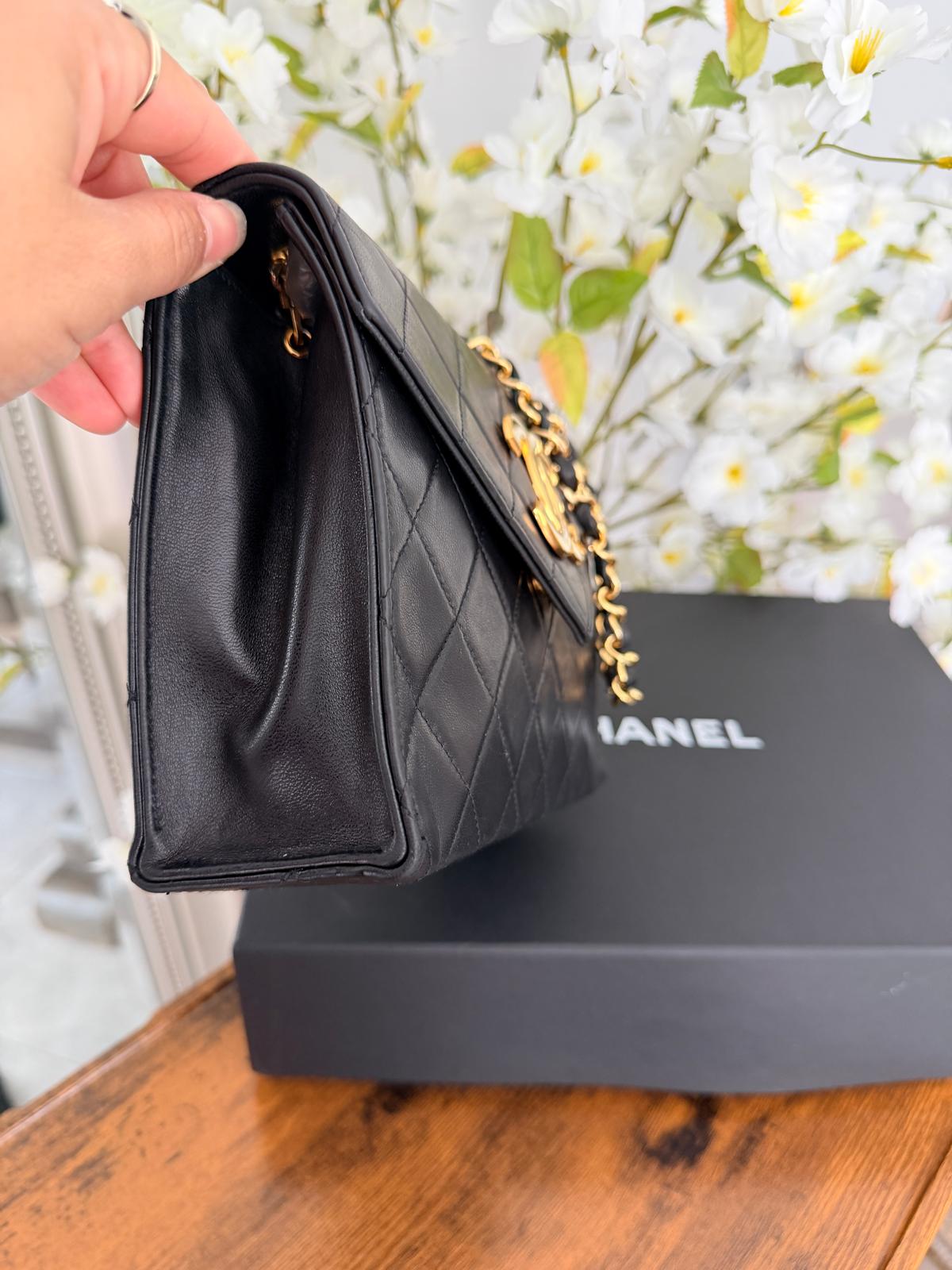 Chanel Vintage Small Shoulder Bag Black Lambskin Leather Gold Hardware