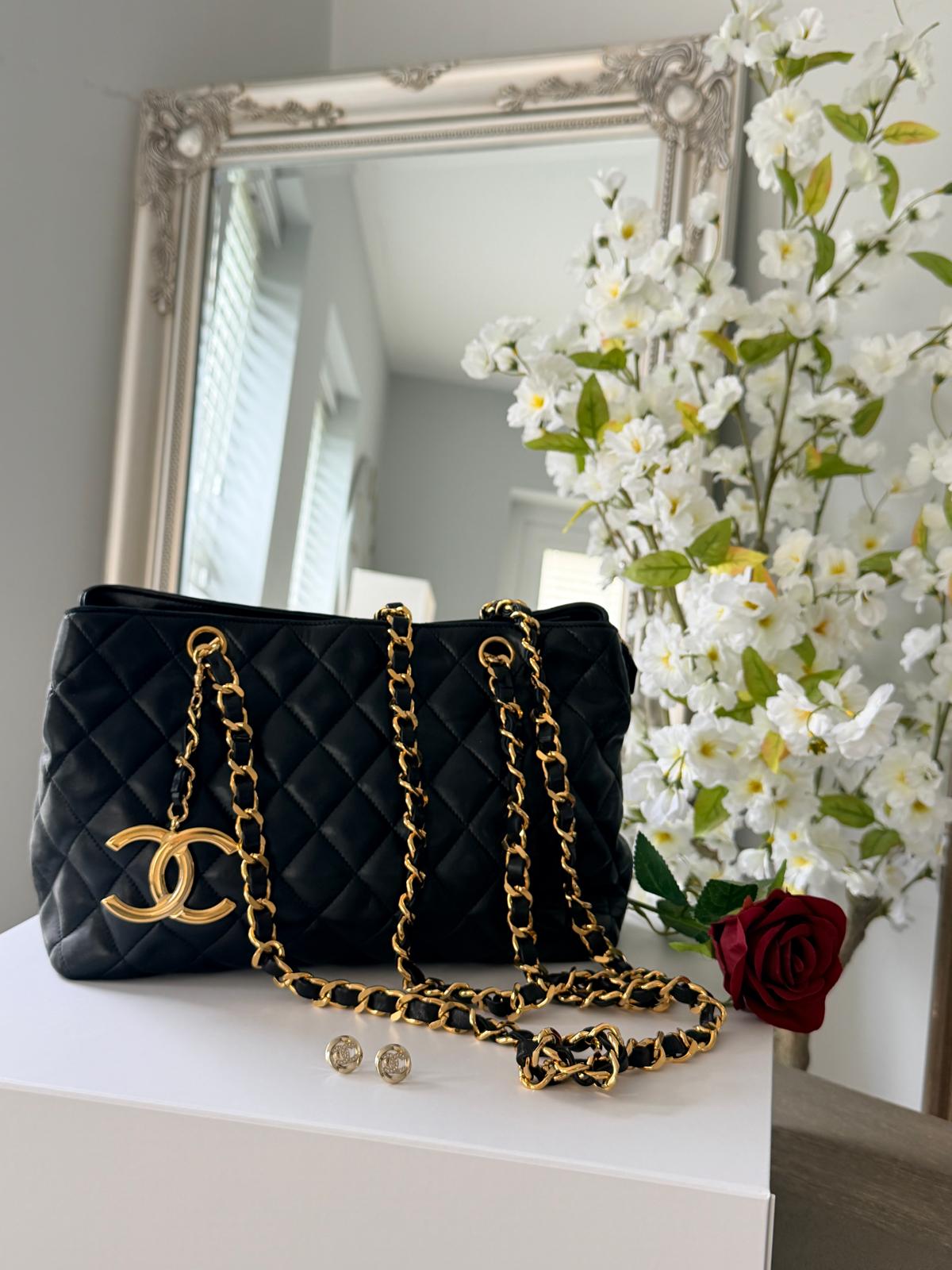Chanel Vintage Small Tote Bag CC Charm Black Lambskin Leather 24k Gold Plated Hardware