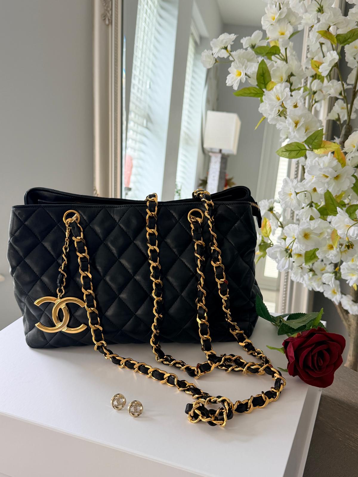 Chanel Vintage Small Tote Bag CC Charm Black Lambskin Leather 24k Gold Plated Hardware