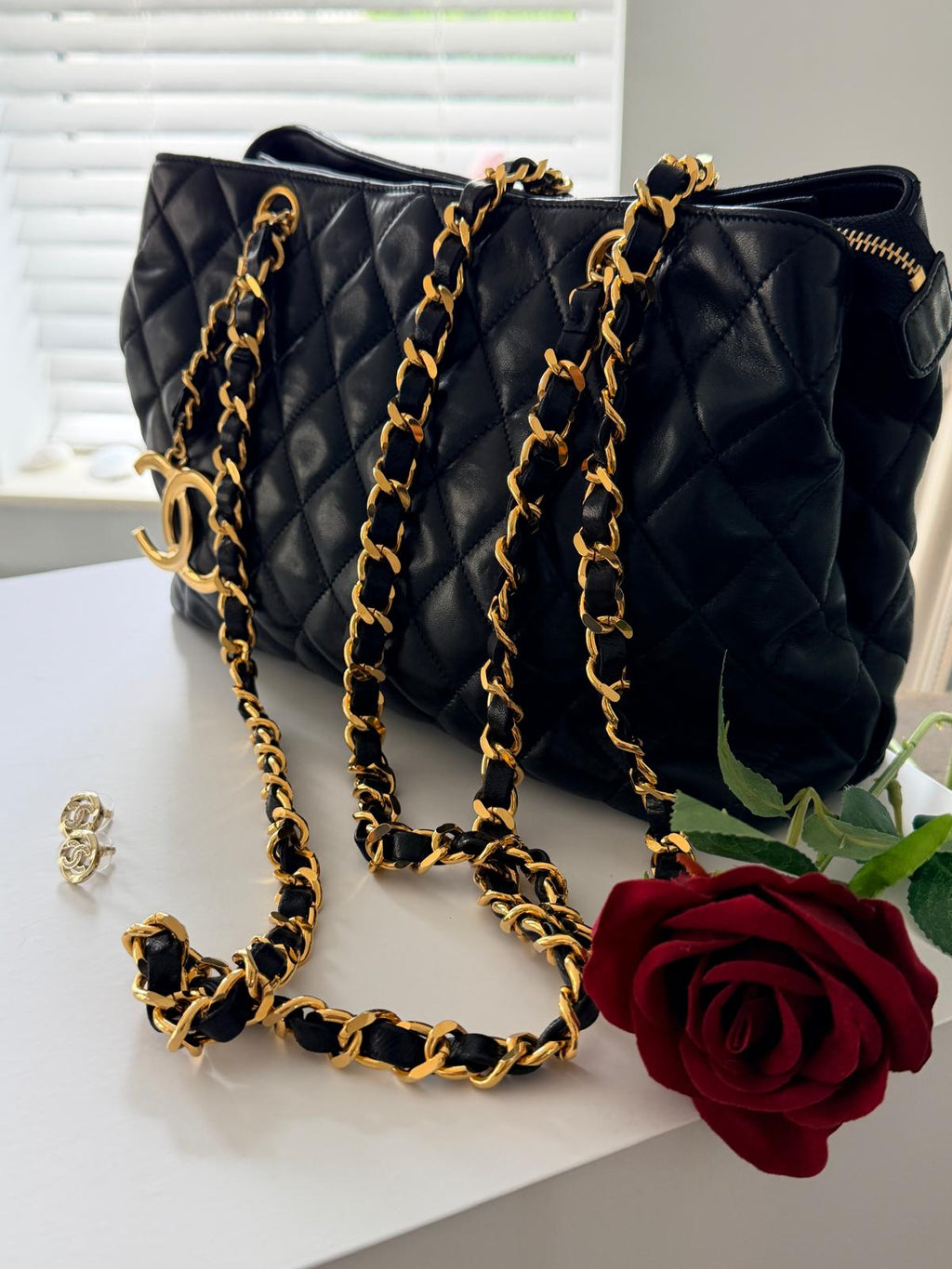 Chanel Vintage Small Tote Bag CC Charm Black Lambskin Leather 24k Gold Plated Hardware