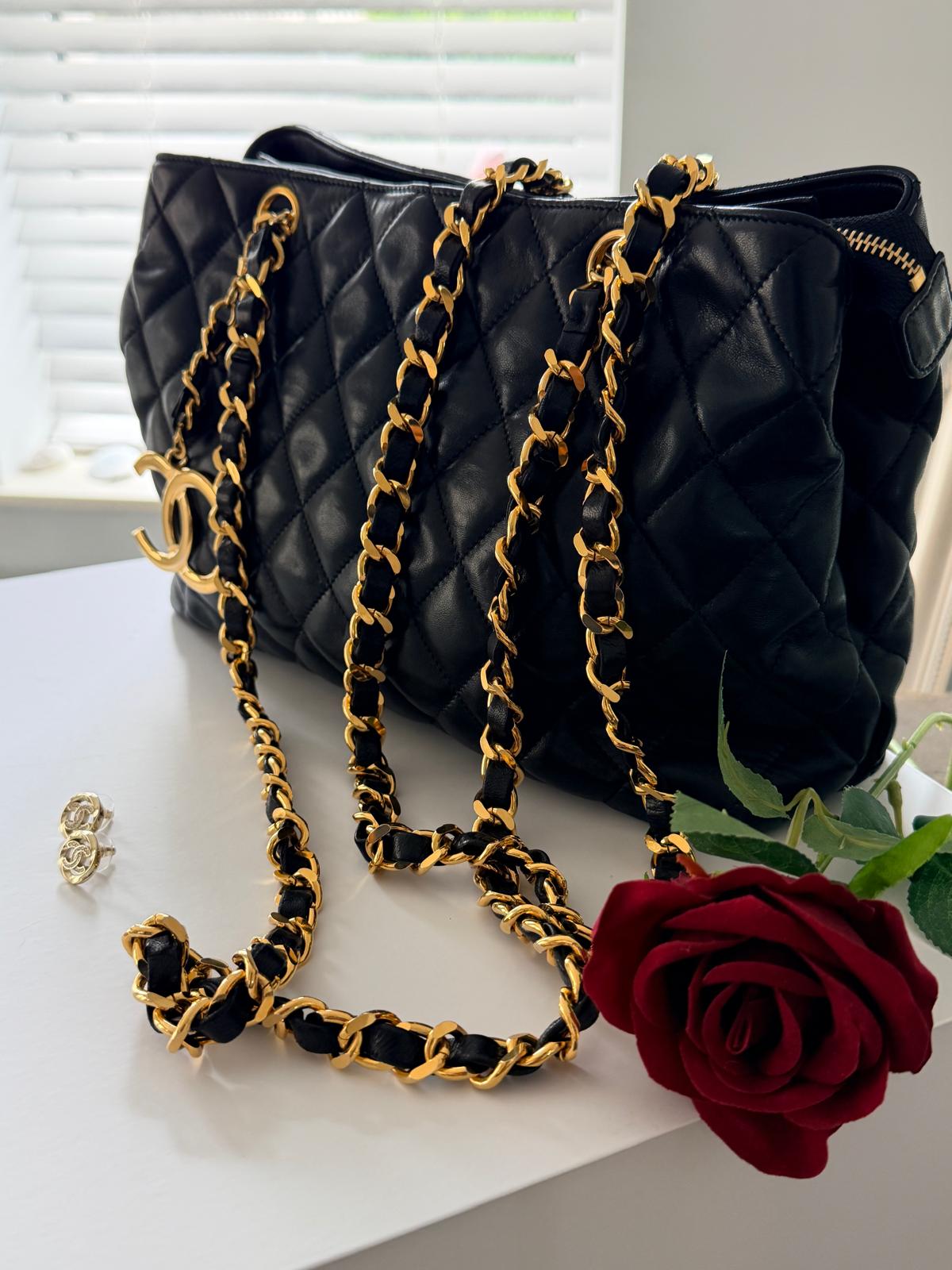 Chanel Vintage Small Tote Bag CC Charm Black Lambskin Leather 24k Gold Plated Hardware
