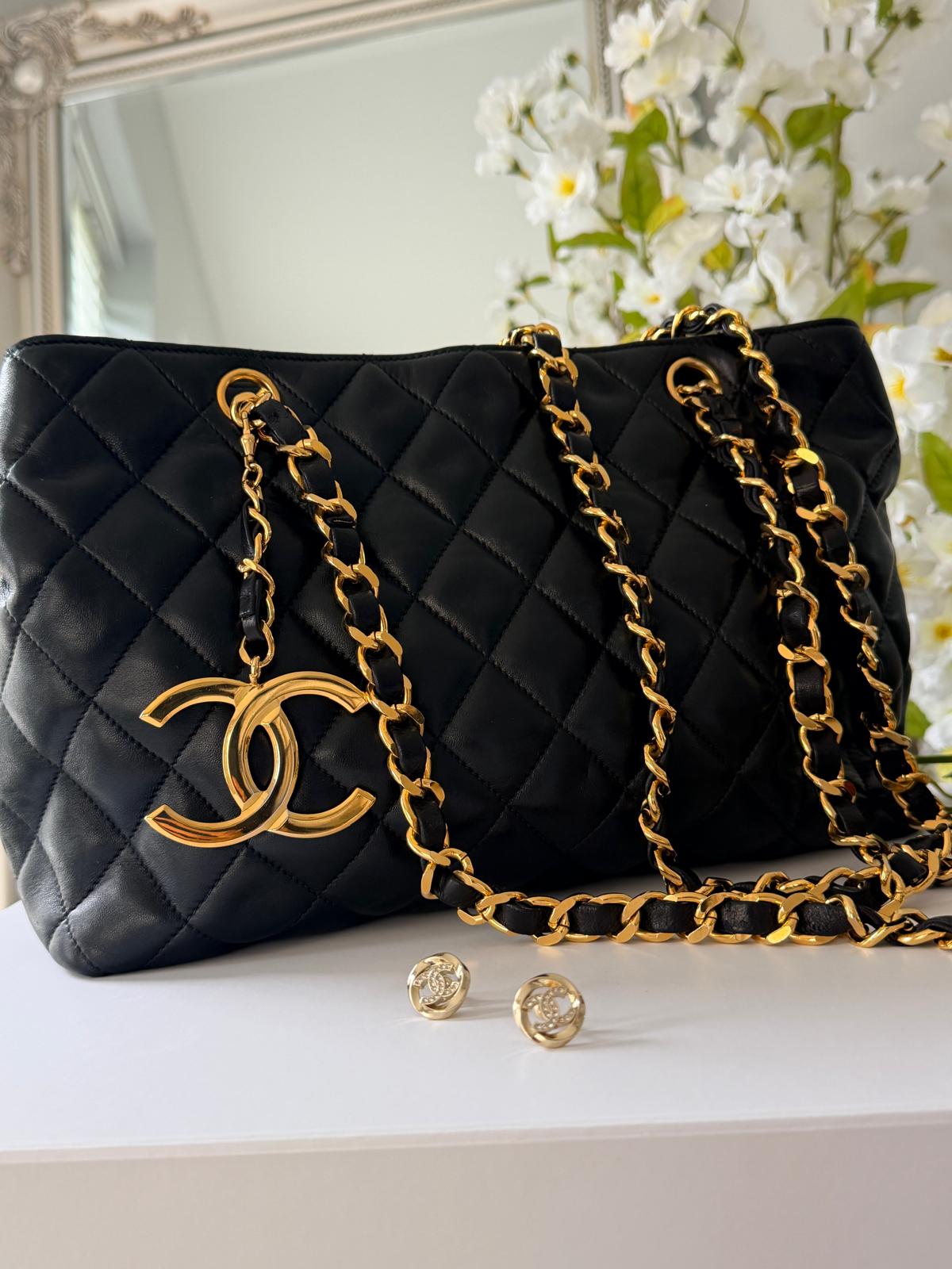 Chanel Vintage Small Tote Bag CC Charm Black Lambskin Leather 24k Gold Plated Hardware