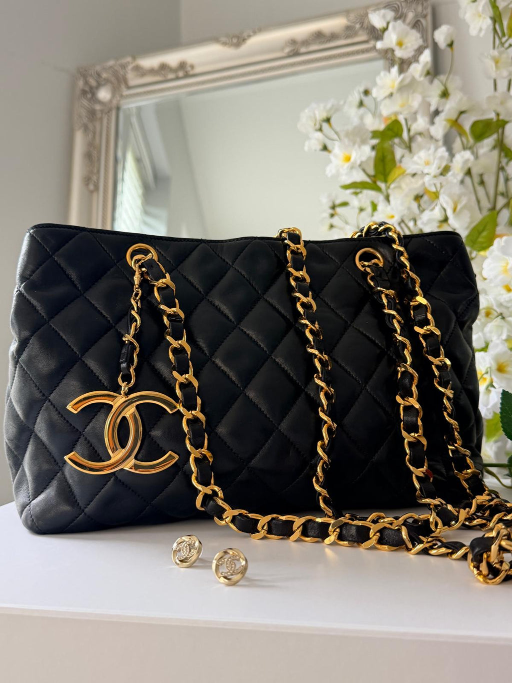 Chanel Vintage Small Tote Bag CC Charm Black Lambskin Leather 24k Gold Plated Hardware