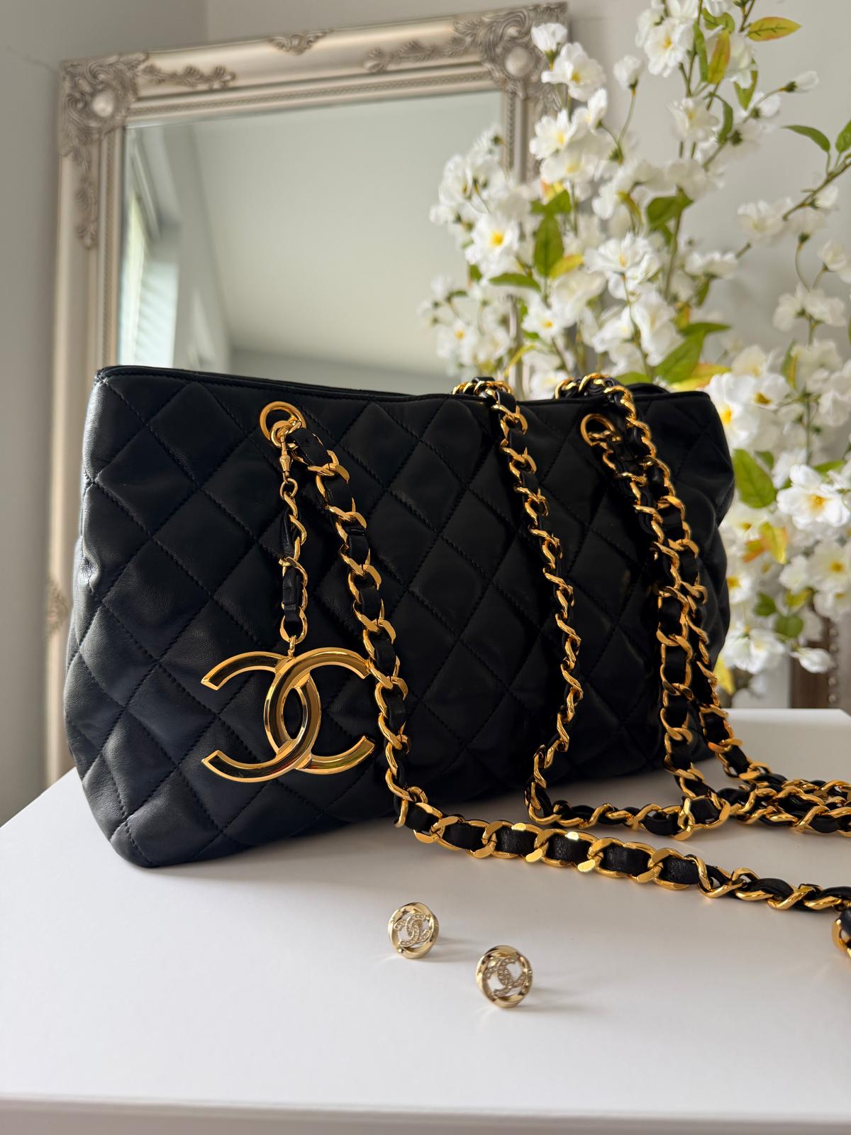 Chanel Vintage Small Tote Bag CC Charm Black Lambskin Leather 24k Gold Plated Hardware