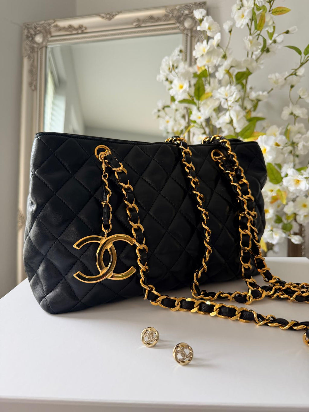 Chanel Vintage Small Tote Bag CC Charm Black Lambskin Leather 24k Gold Plated Hardware