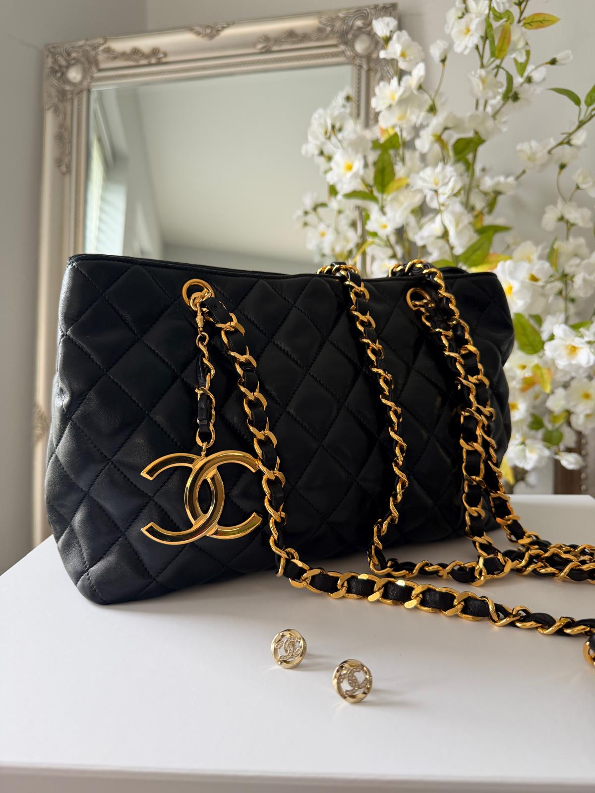 Chanel Vintage Small Tote Bag CC Charm Black Lambskin Leather 24k Gold Plated Hardware