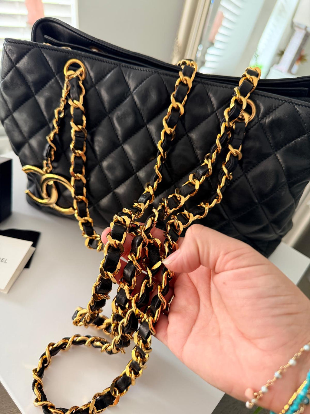Chanel Vintage Small Tote Bag CC Charm Black Lambskin Leather 24k Gold Plated Hardware